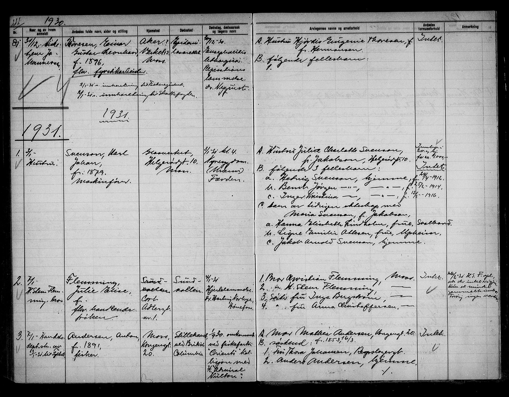 Moss byfogd, SAO/A-10863/H/Ha/Hab/L0006: Dødsanmeldelsesprotokoll, 1921-1931, p. 222