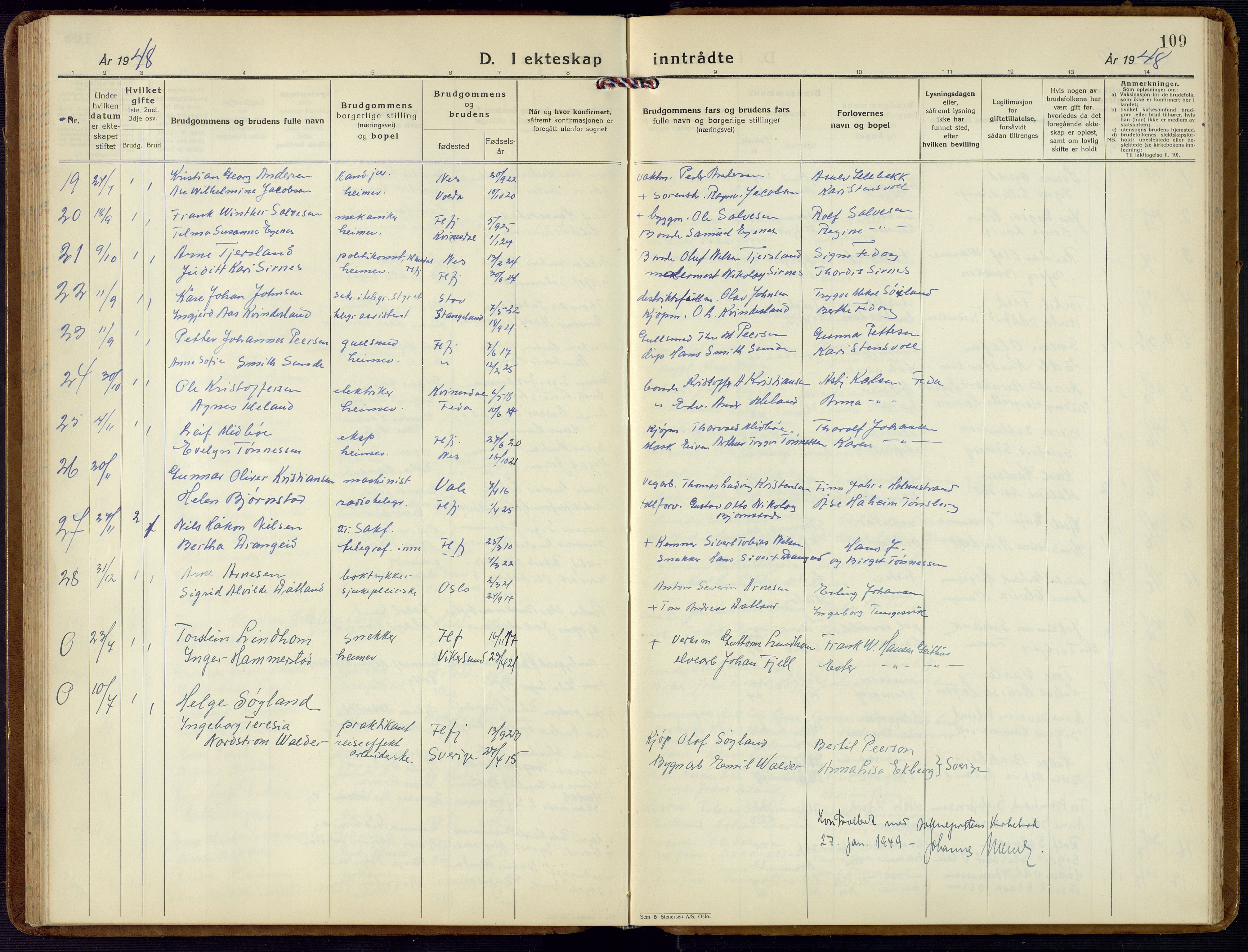 Flekkefjord sokneprestkontor, AV/SAK-1111-0012/F/Fb/Fba/L0003: Parish register (copy) no. B 3, 1932-1969, p. 109