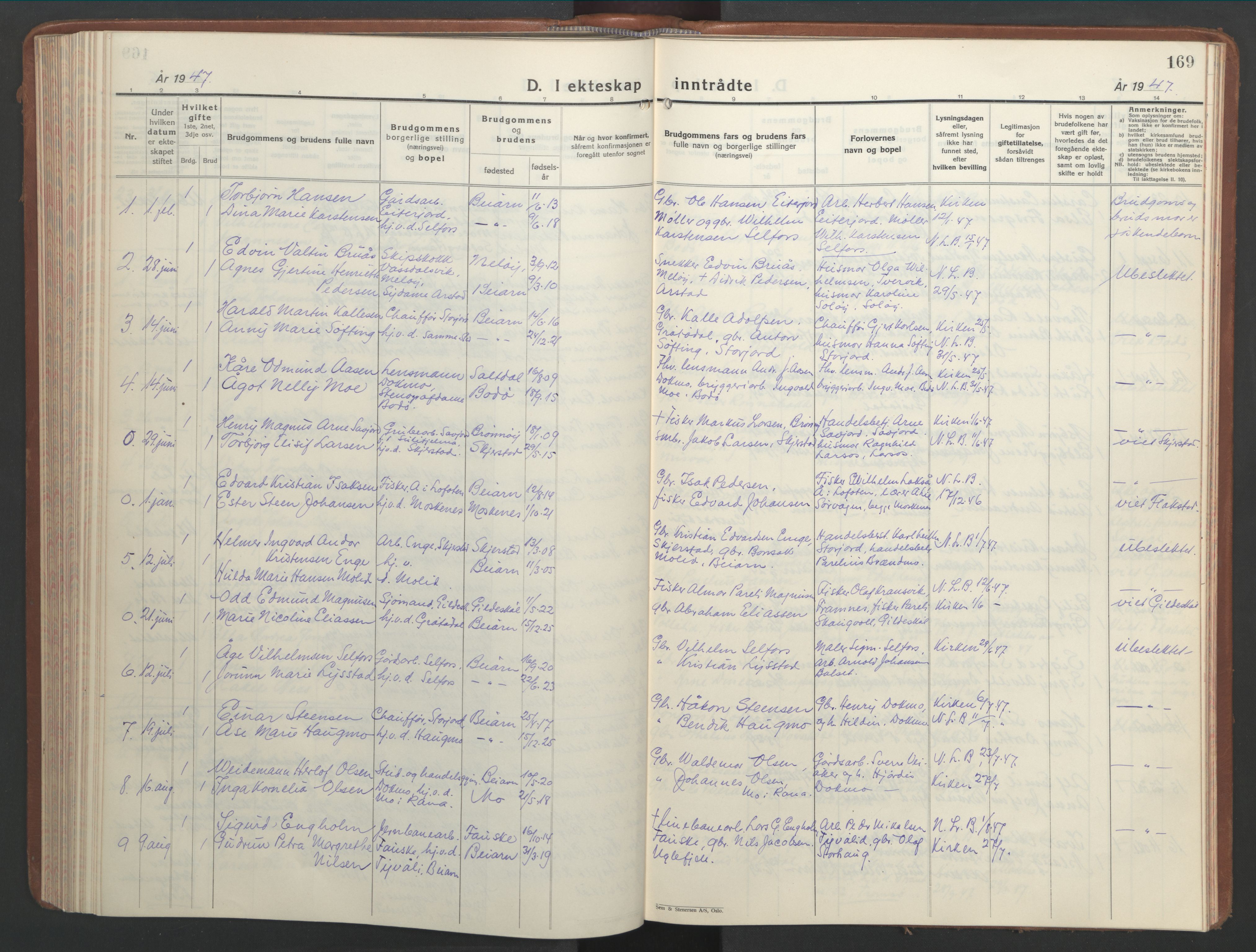 Ministerialprotokoller, klokkerbøker og fødselsregistre - Nordland, SAT/A-1459/846/L0657: Parish register (copy) no. 846C07, 1936-1952, p. 169