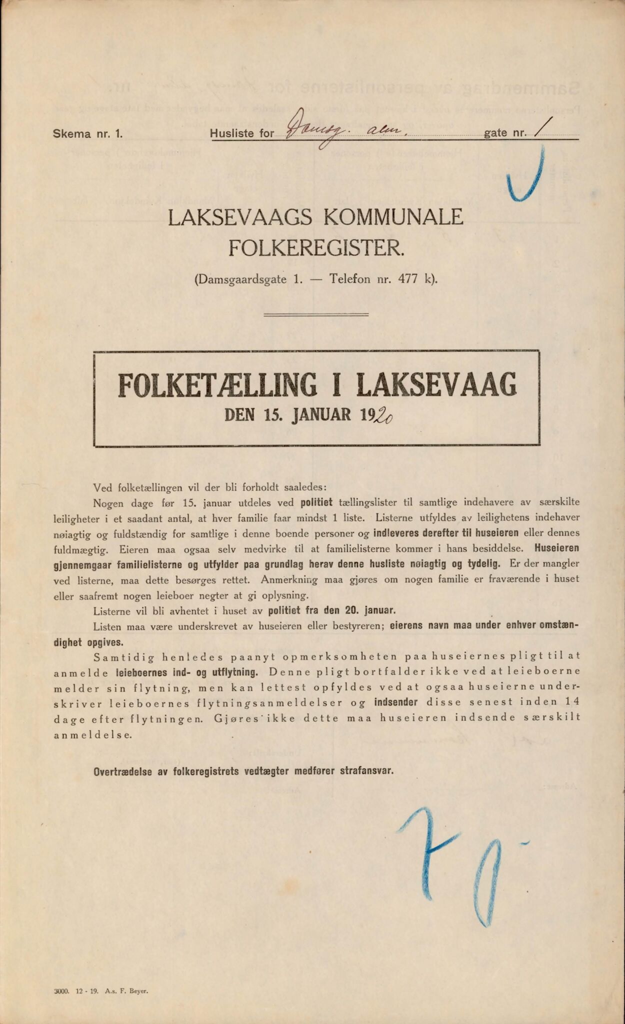 Laksevåg kommune. Folkeregisteret, BBA/A-1586/E/Ea/L0001: Folketellingskjema 1920, 1920, p. 75