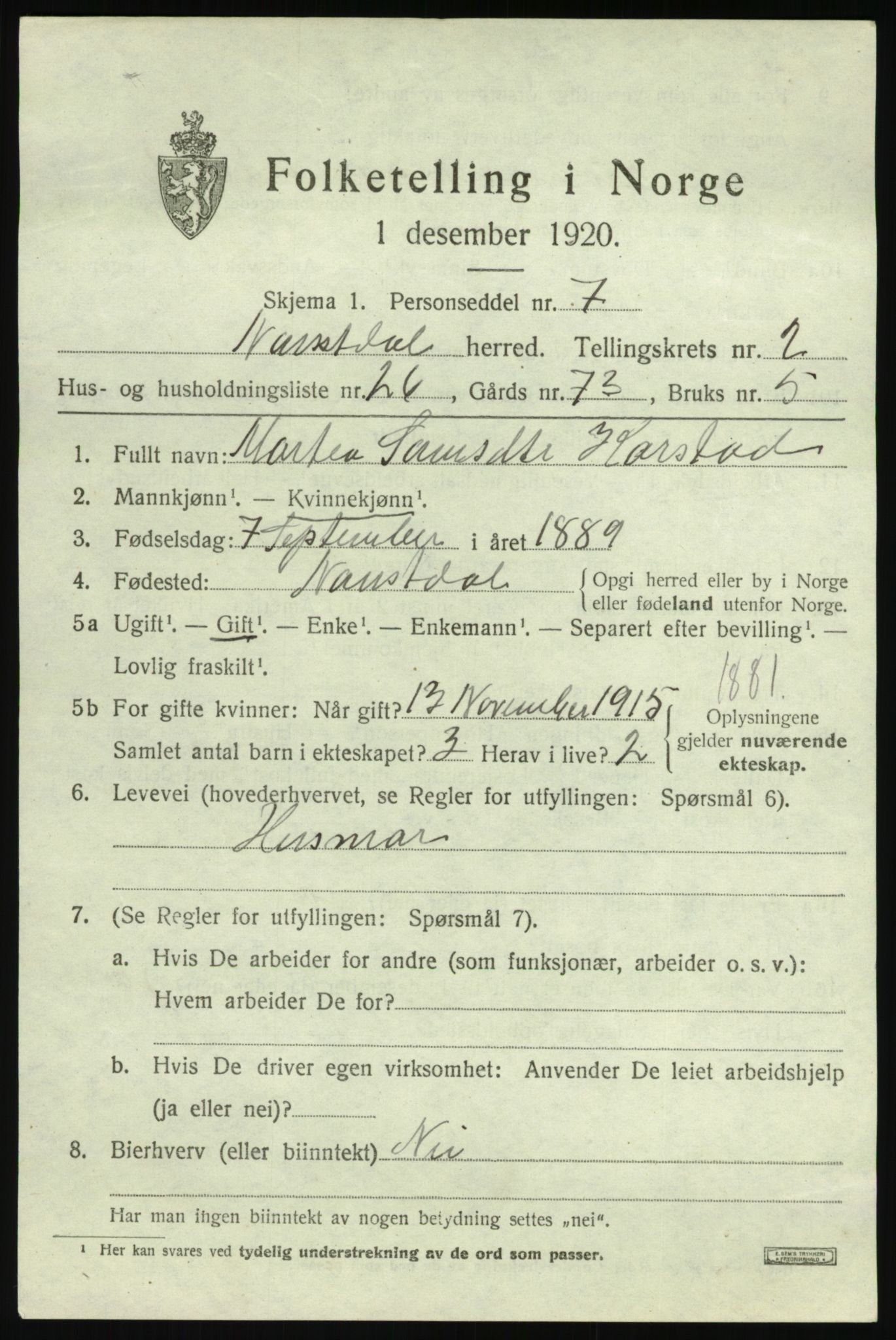 SAB, 1920 census for Naustdal, 1920, p. 1559