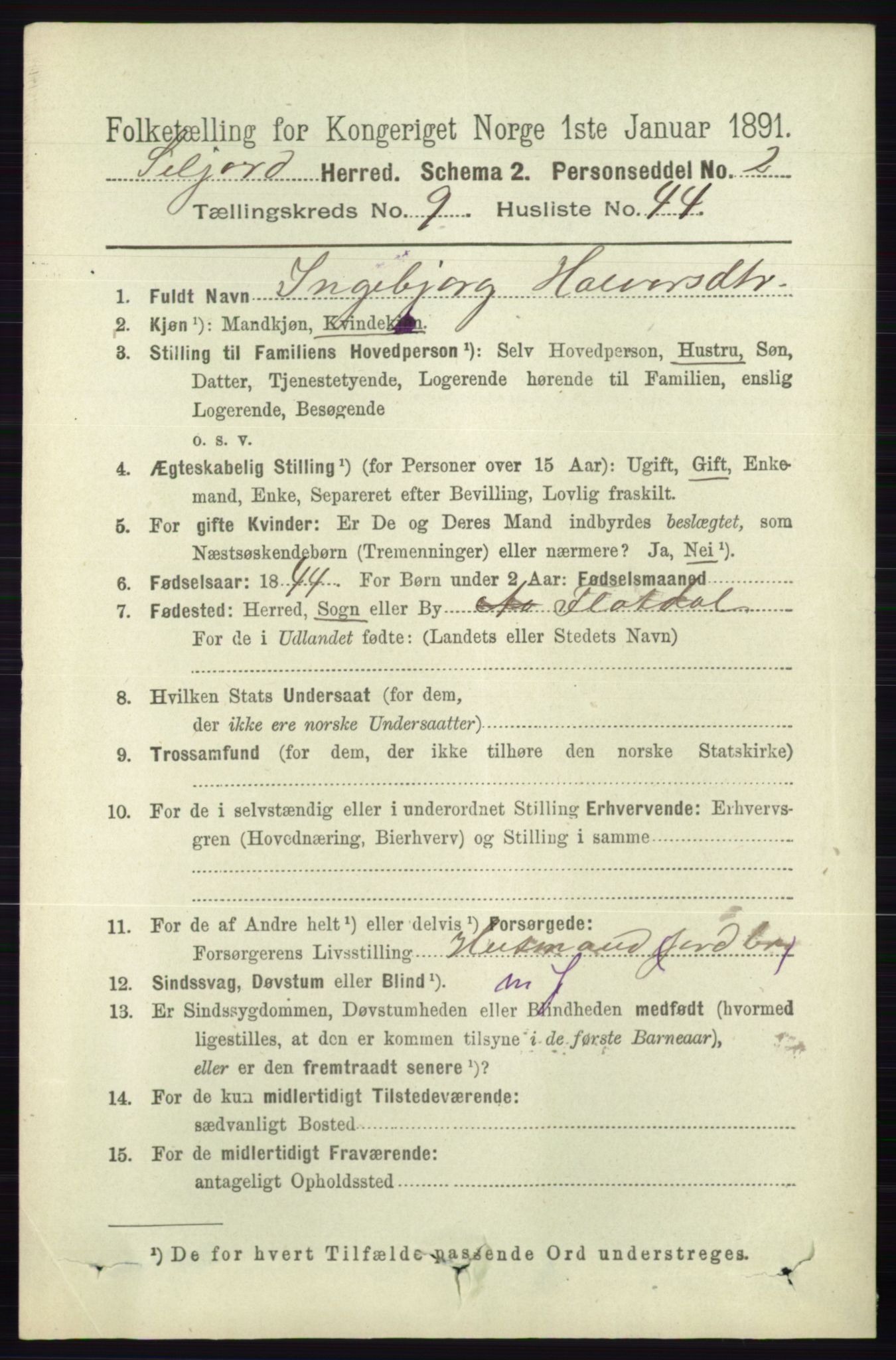 RA, 1891 census for 0828 Seljord, 1891, p. 3401