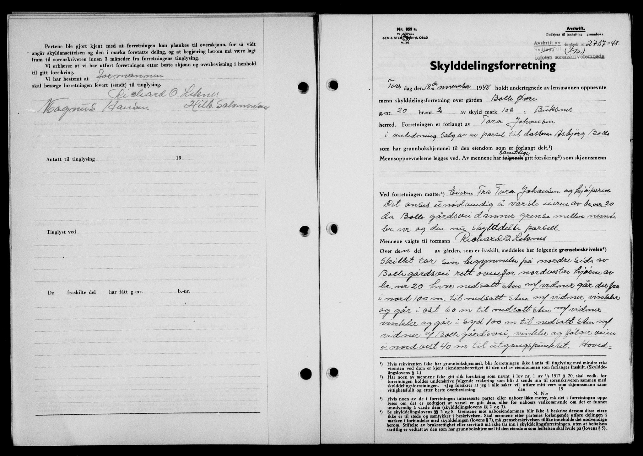 Lofoten sorenskriveri, SAT/A-0017/1/2/2C/L0020a: Mortgage book no. 20a, 1948-1949, Diary no: : 2757/1948