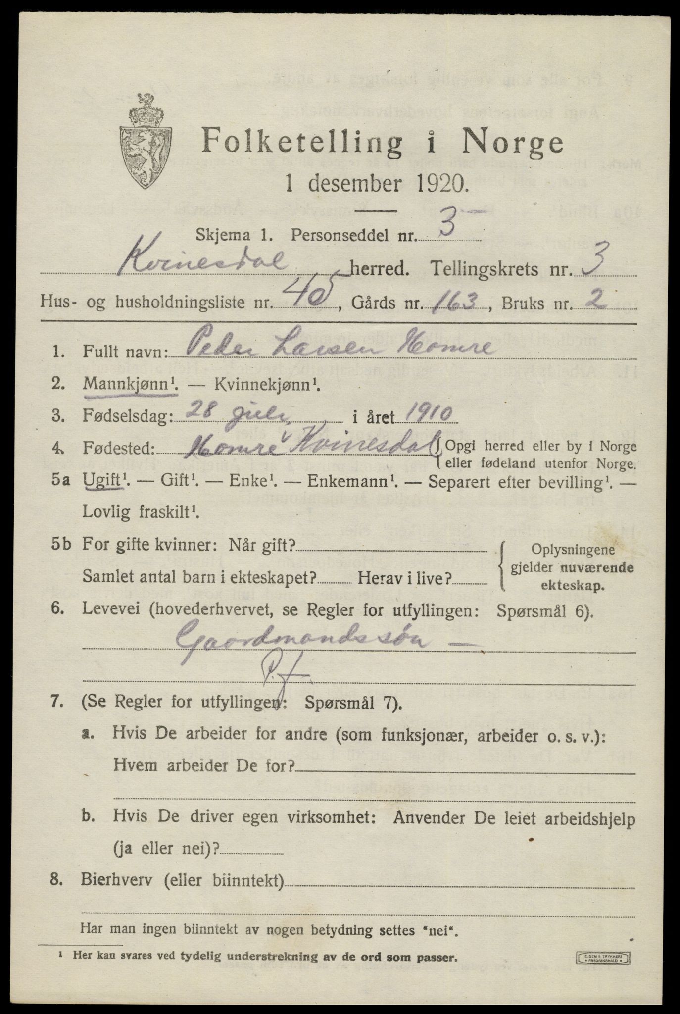 SAK, 1920 census for Kvinesdal, 1920, p. 3527