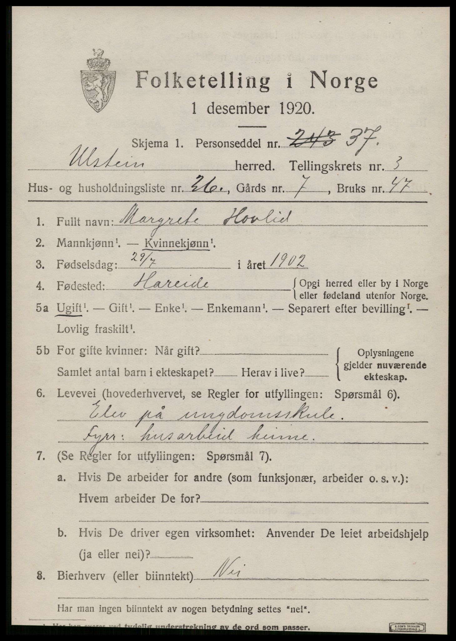 SAT, 1920 census for Ulstein, 1920, p. 2114