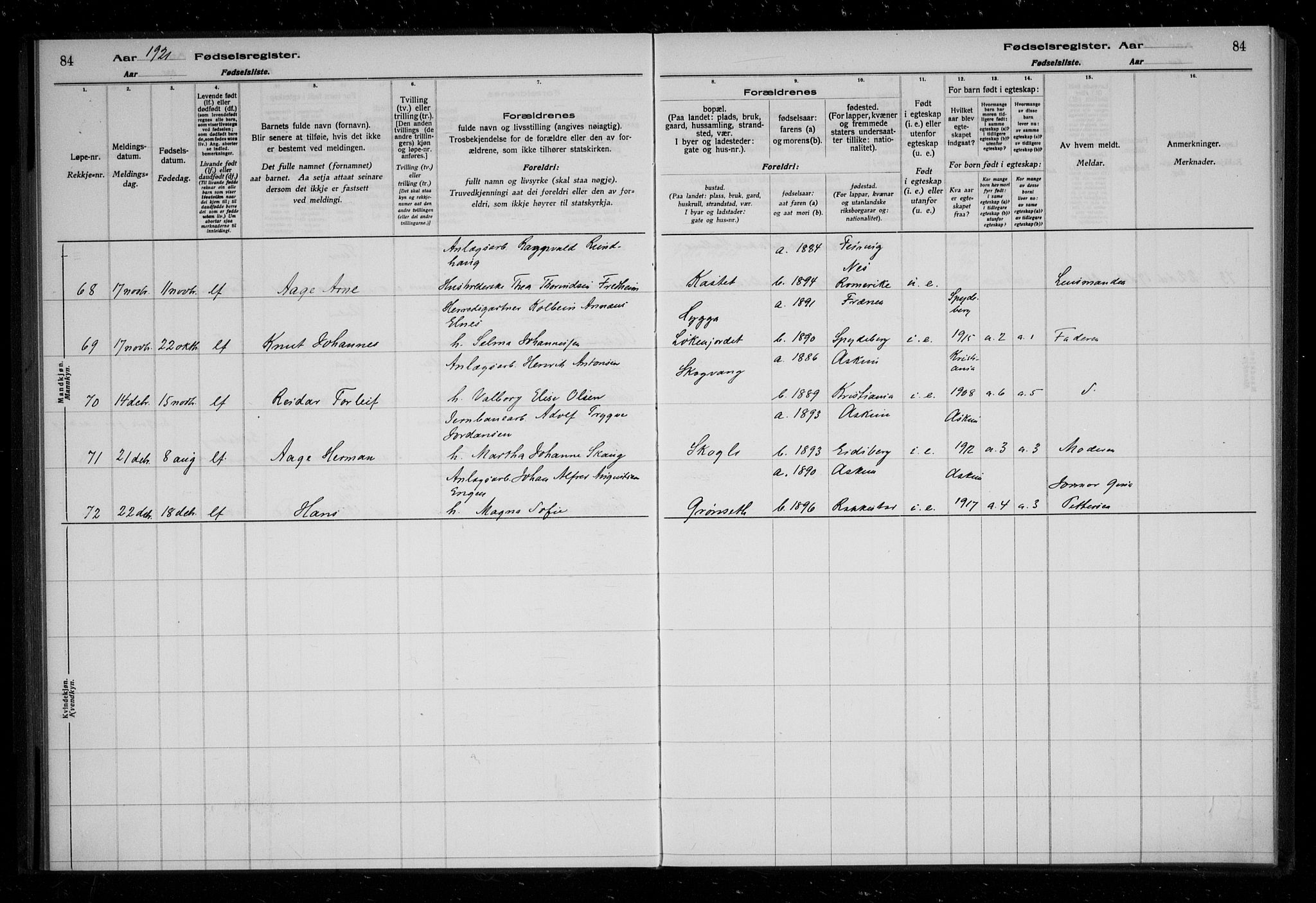 Askim prestekontor Kirkebøker, AV/SAO-A-10900/J/Ja/L0001: Birth register no. 1, 1916-1929, p. 84