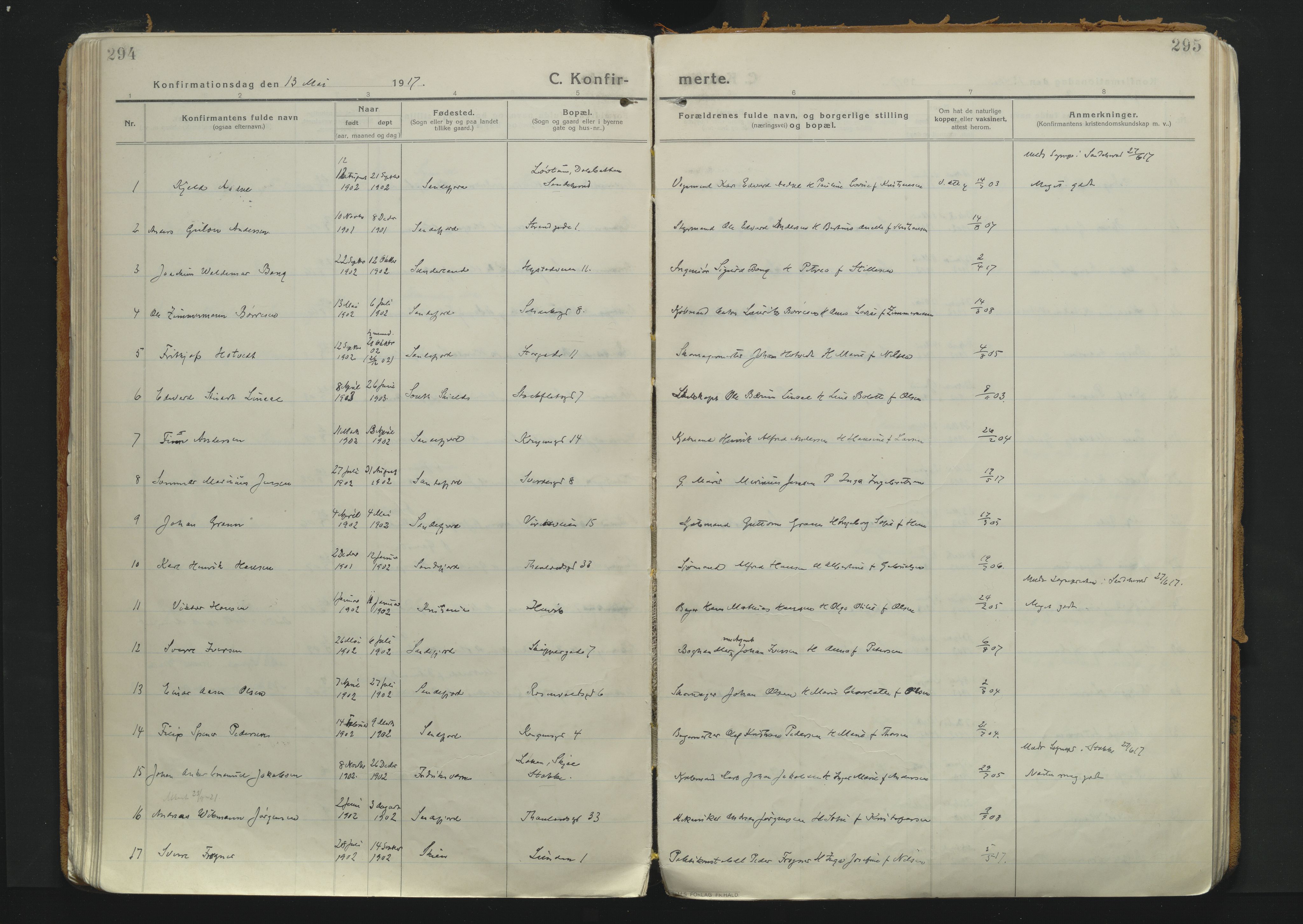 Sandefjord kirkebøker, SAKO/A-315/F/Fa/L0007: Parish register (official) no. 7, 1916-1930, p. 294-295