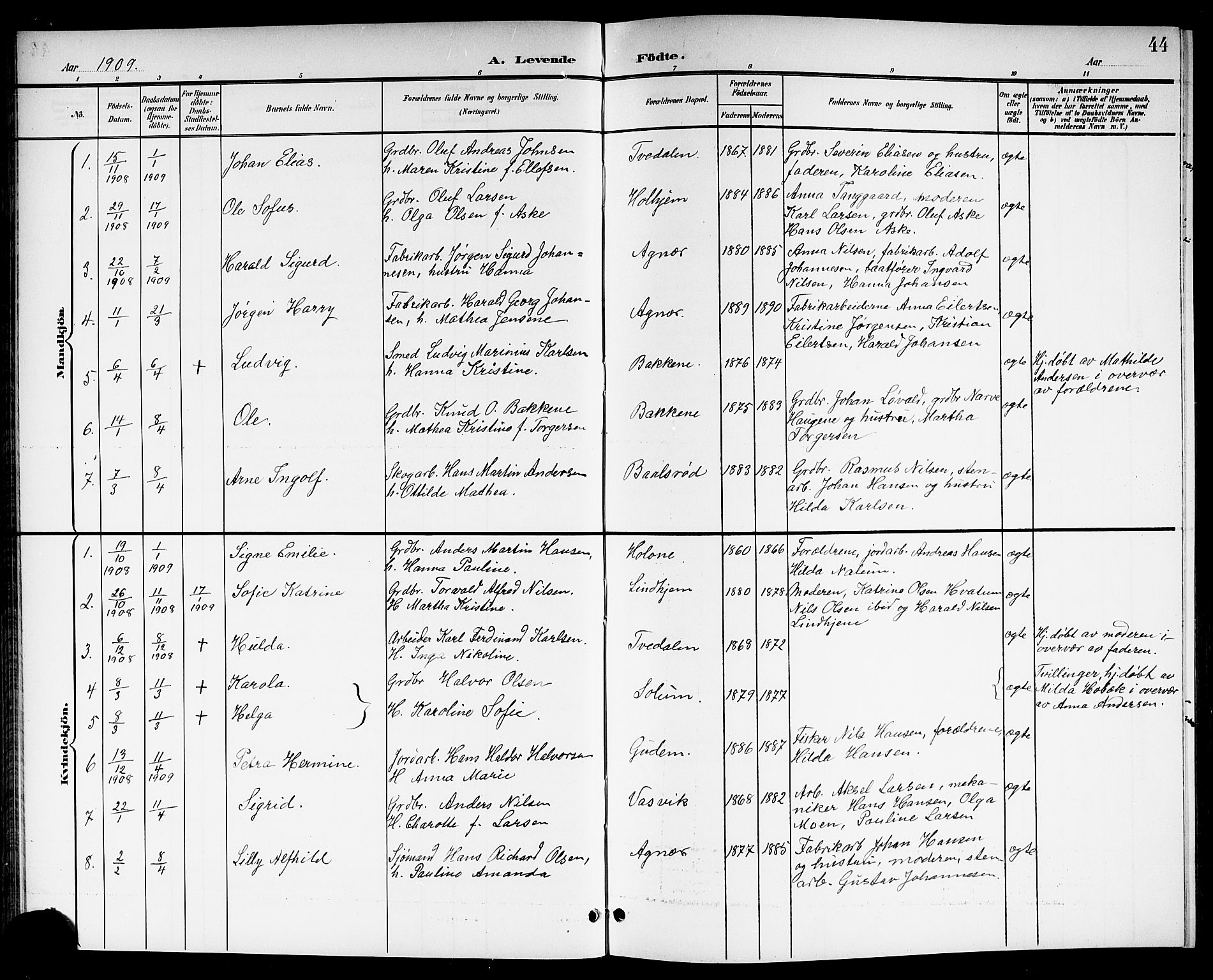 Brunlanes kirkebøker, AV/SAKO-A-342/G/Ga/L0004: Parish register (copy) no. I 4, 1898-1921, p. 44