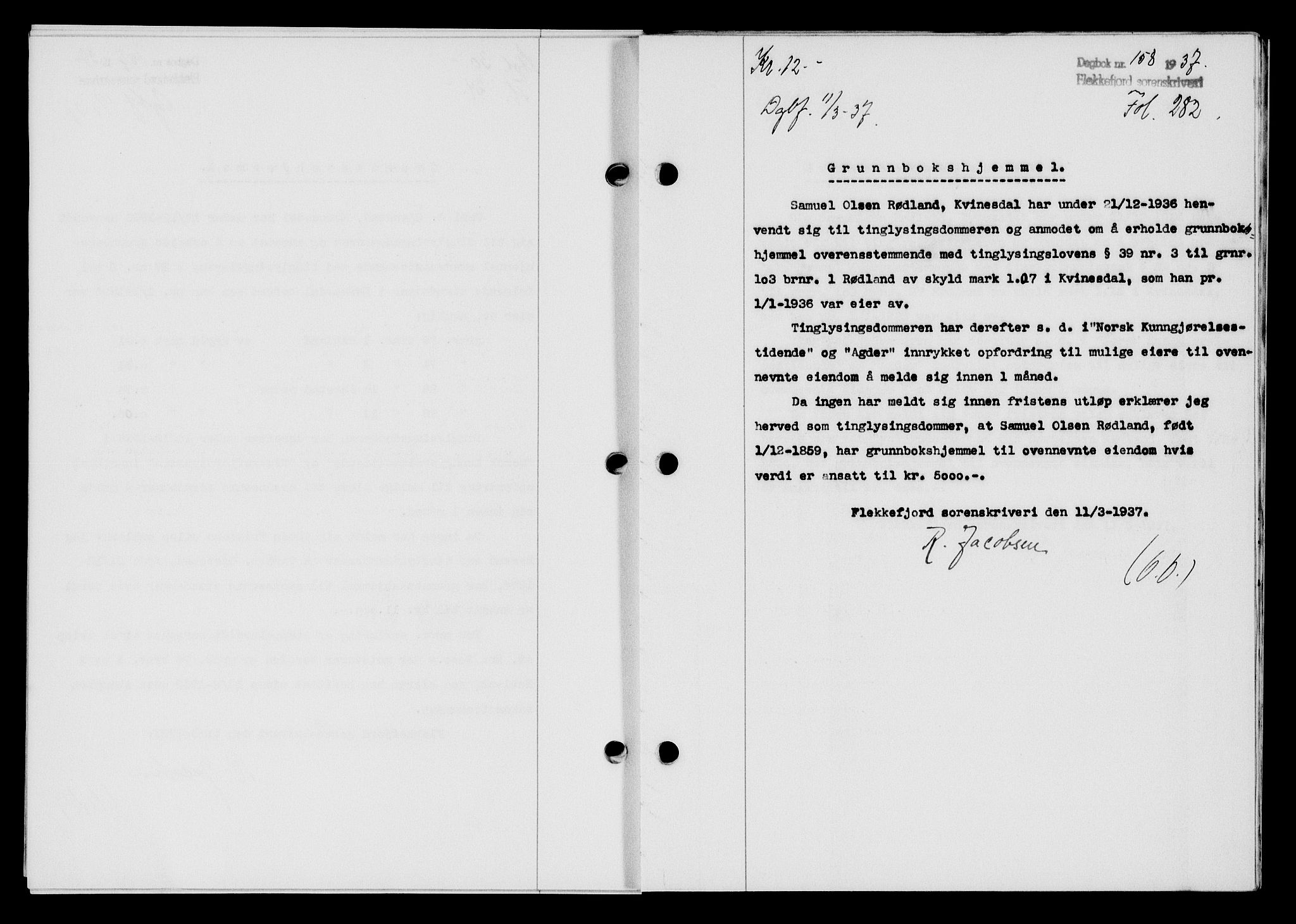 Flekkefjord sorenskriveri, SAK/1221-0001/G/Gb/Gba/L0053: Mortgage book no. A-1, 1936-1937, Diary no: : 158/1937