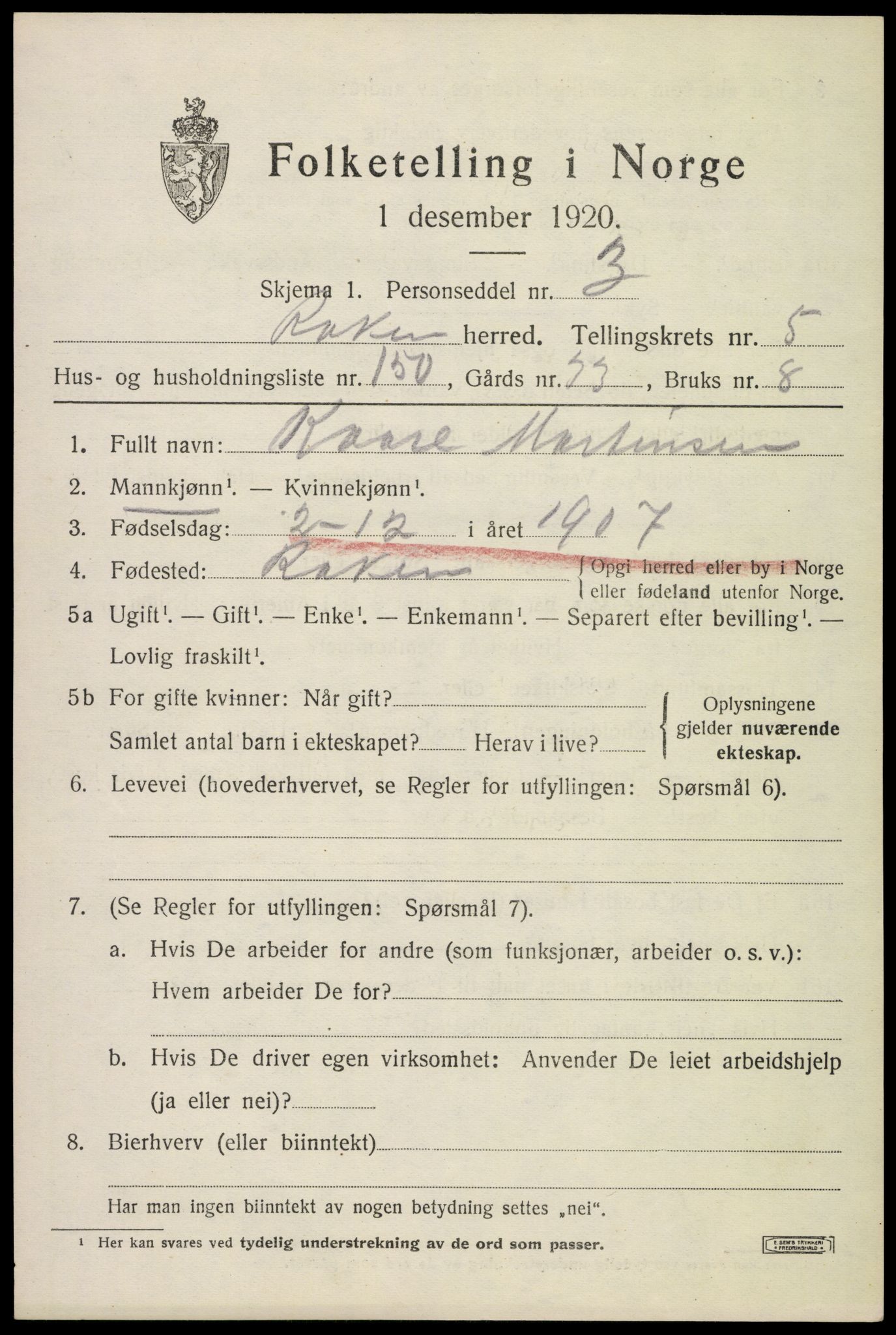 SAKO, 1920 census for Røyken, 1920, p. 9710