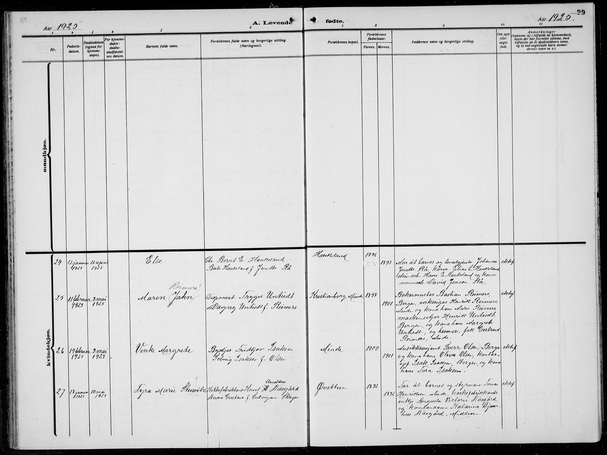 Birkeland Sokneprestembete, AV/SAB-A-74601/H/Hab: Parish register (copy) no. A  8, 1923-1933, p. 29