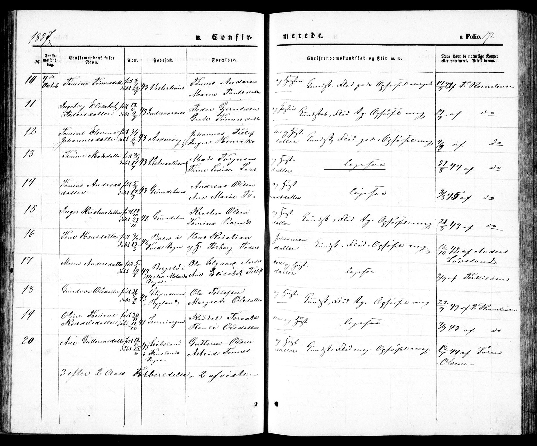 Høvåg sokneprestkontor, SAK/1111-0025/F/Fb/L0002: Parish register (copy) no. B 2, 1847-1869, p. 171