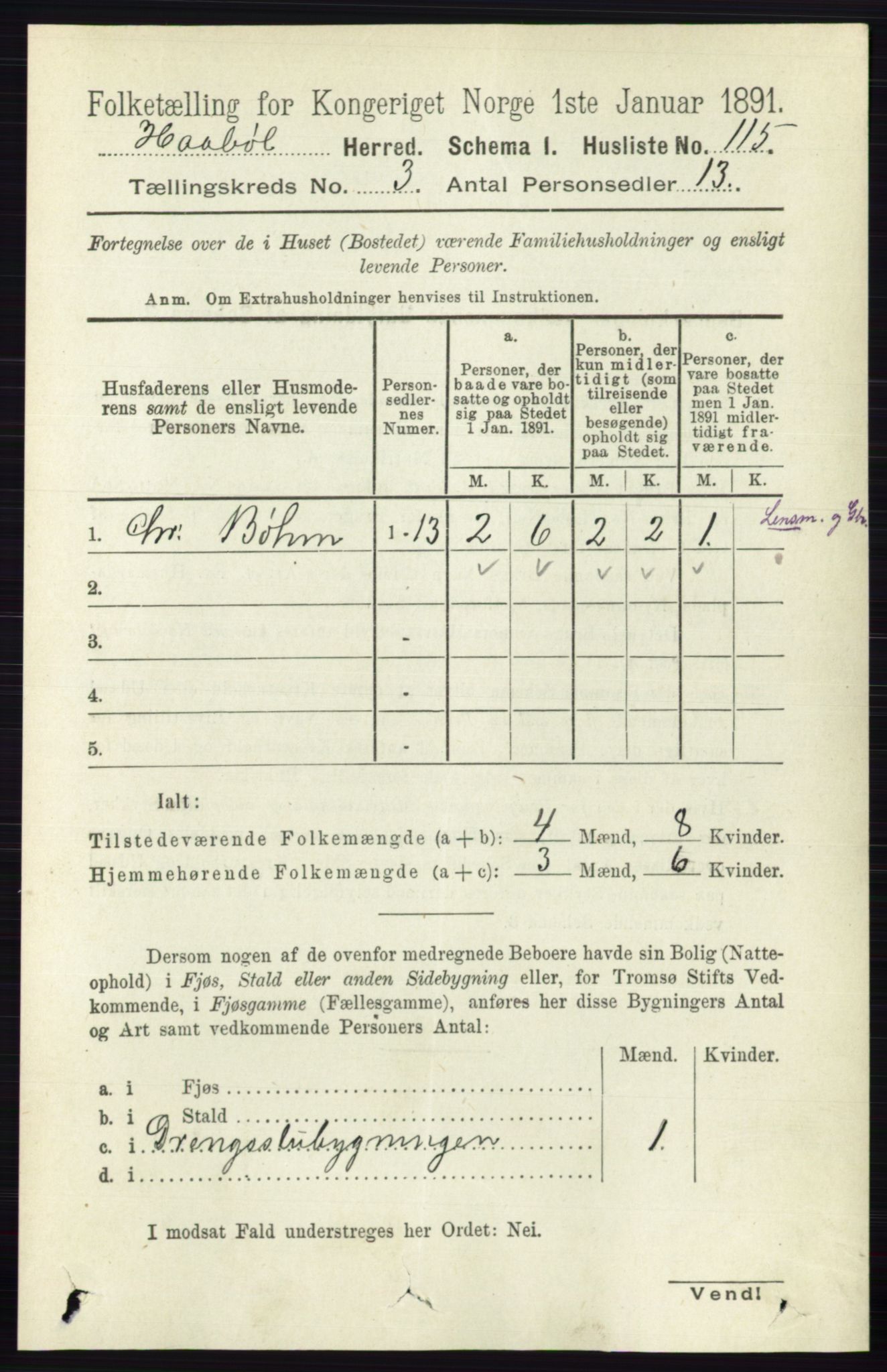 RA, 1891 census for 0138 Hobøl, 1891, p. 1707