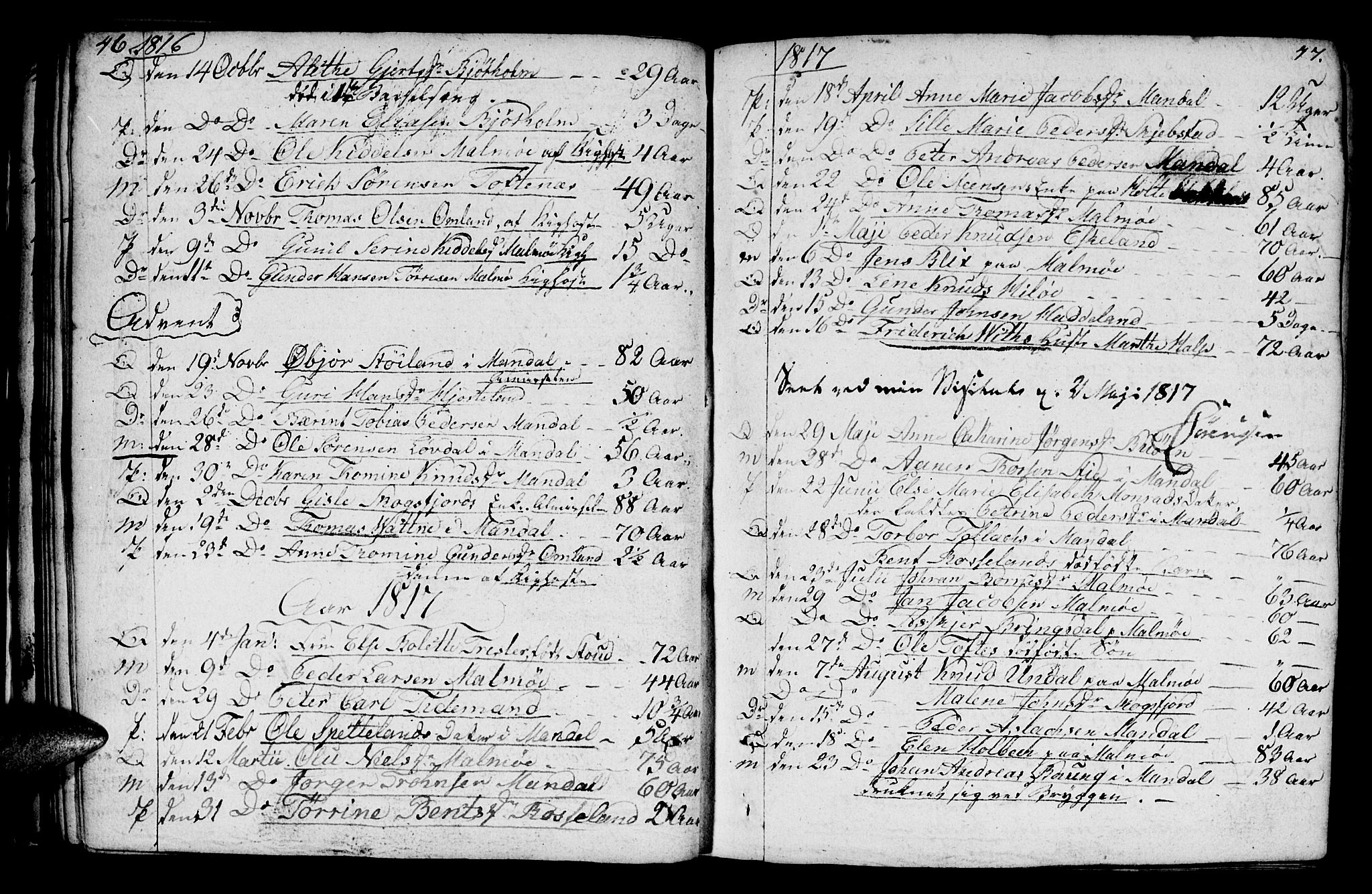 Mandal sokneprestkontor, SAK/1111-0030/F/Fa/Faa/L0009: Parish register (official) no. A 9, 1804-1818, p. 46-47