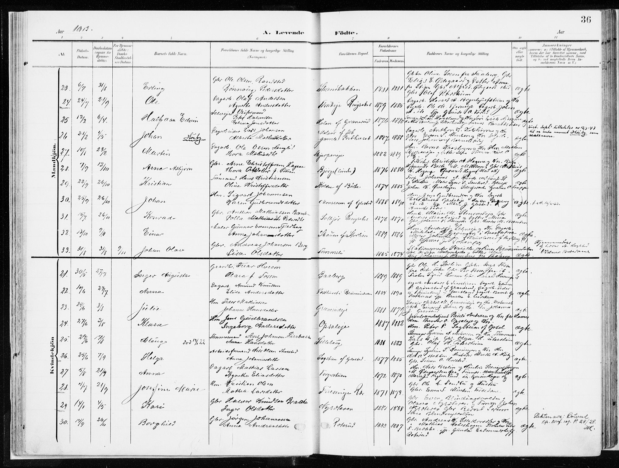 Ringsaker prestekontor, AV/SAH-PREST-014/K/Ka/L0019: Parish register (official) no. 19, 1905-1920, p. 36