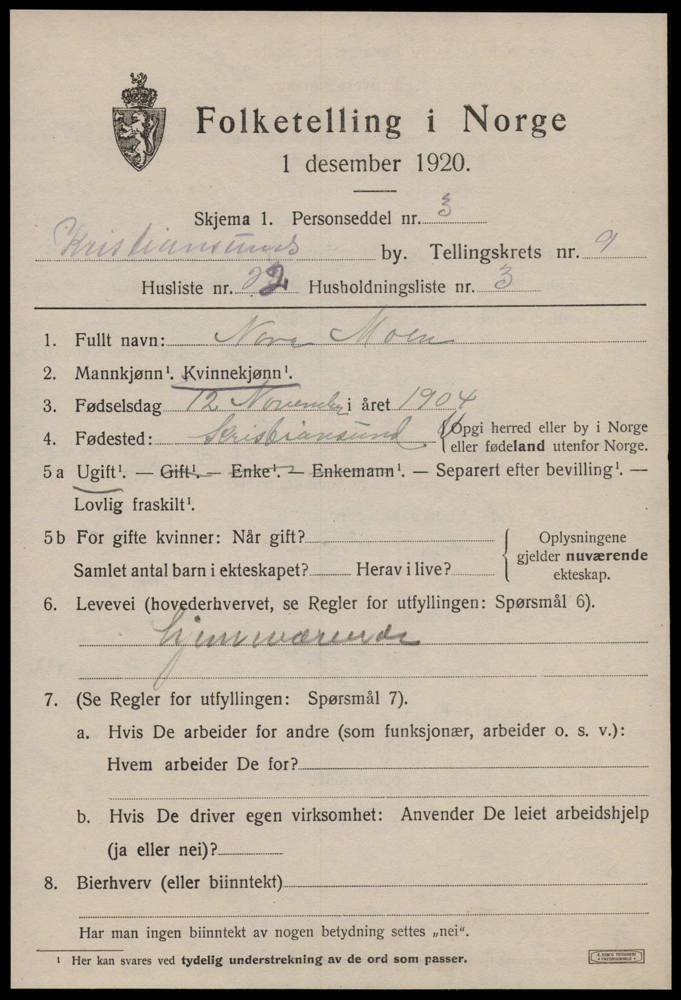 SAT, 1920 census for Kristiansund, 1920, p. 22073