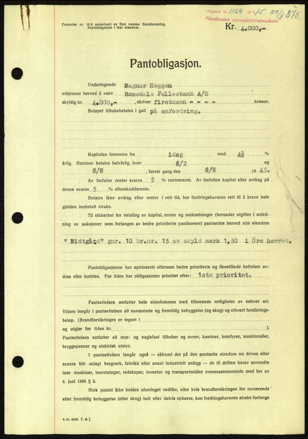 Nordmøre sorenskriveri, AV/SAT-A-4132/1/2/2Ca: Mortgage book no. B92, 1944-1945, Diary no: : 1126/1945