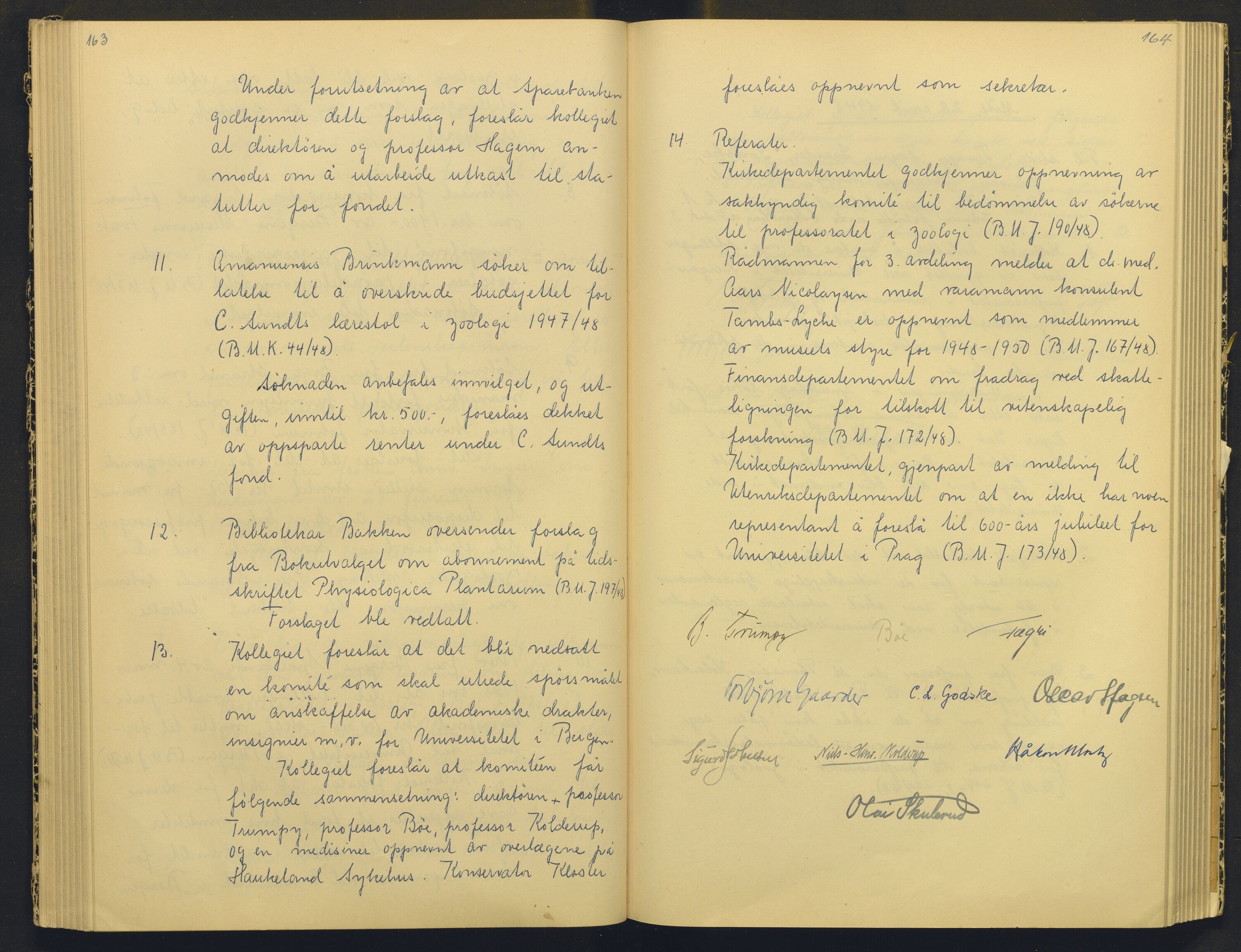 Bergens Museum, AV/SAB-A-17301/18/A/L0004: Professorkollegiets møtebok med register , 1945-1949, p. 163-164