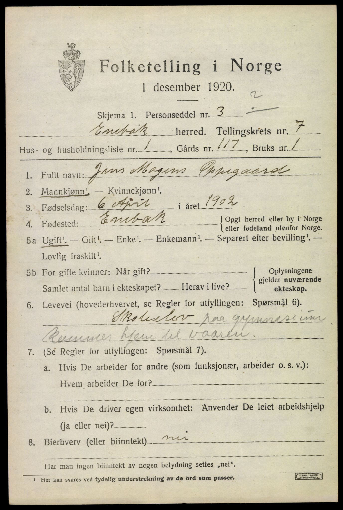 SAO, 1920 census for Enebakk, 1920, p. 6091