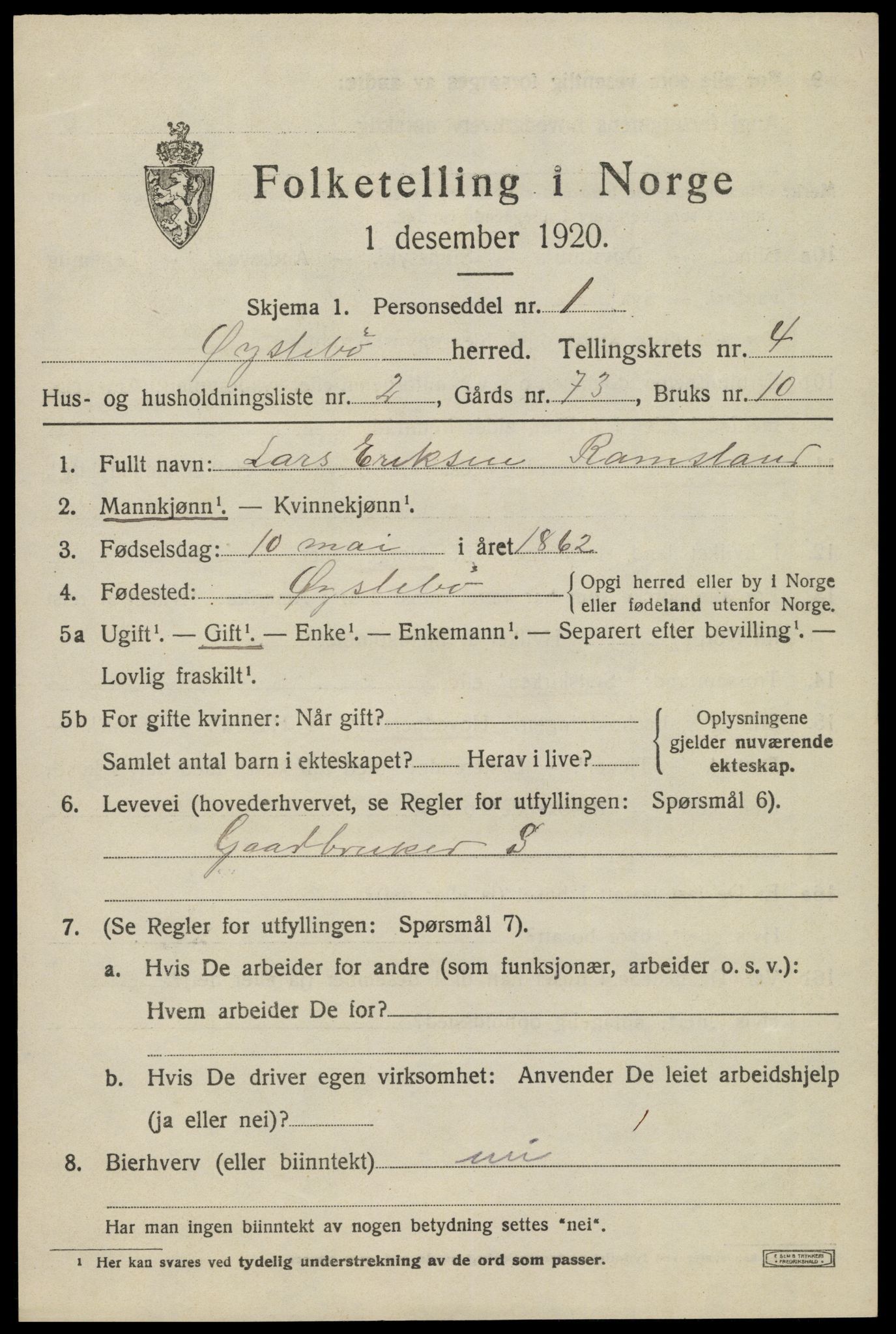 SAK, 1920 census for Øyslebø, 1920, p. 1130