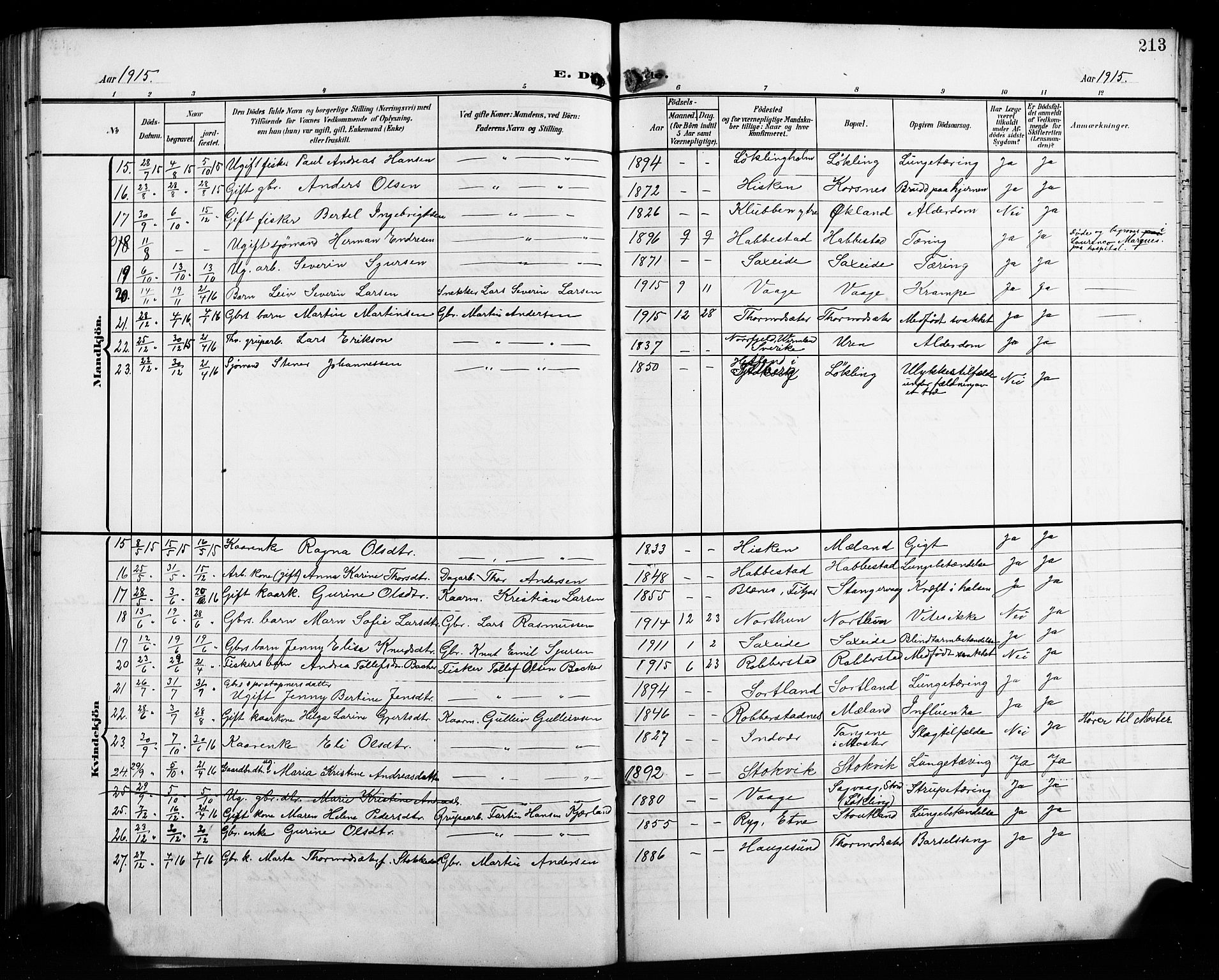 Finnås sokneprestembete, AV/SAB-A-99925/H/Ha/Hab/Habb/L0005: Parish register (copy) no. B 5, 1907-1920, p. 213