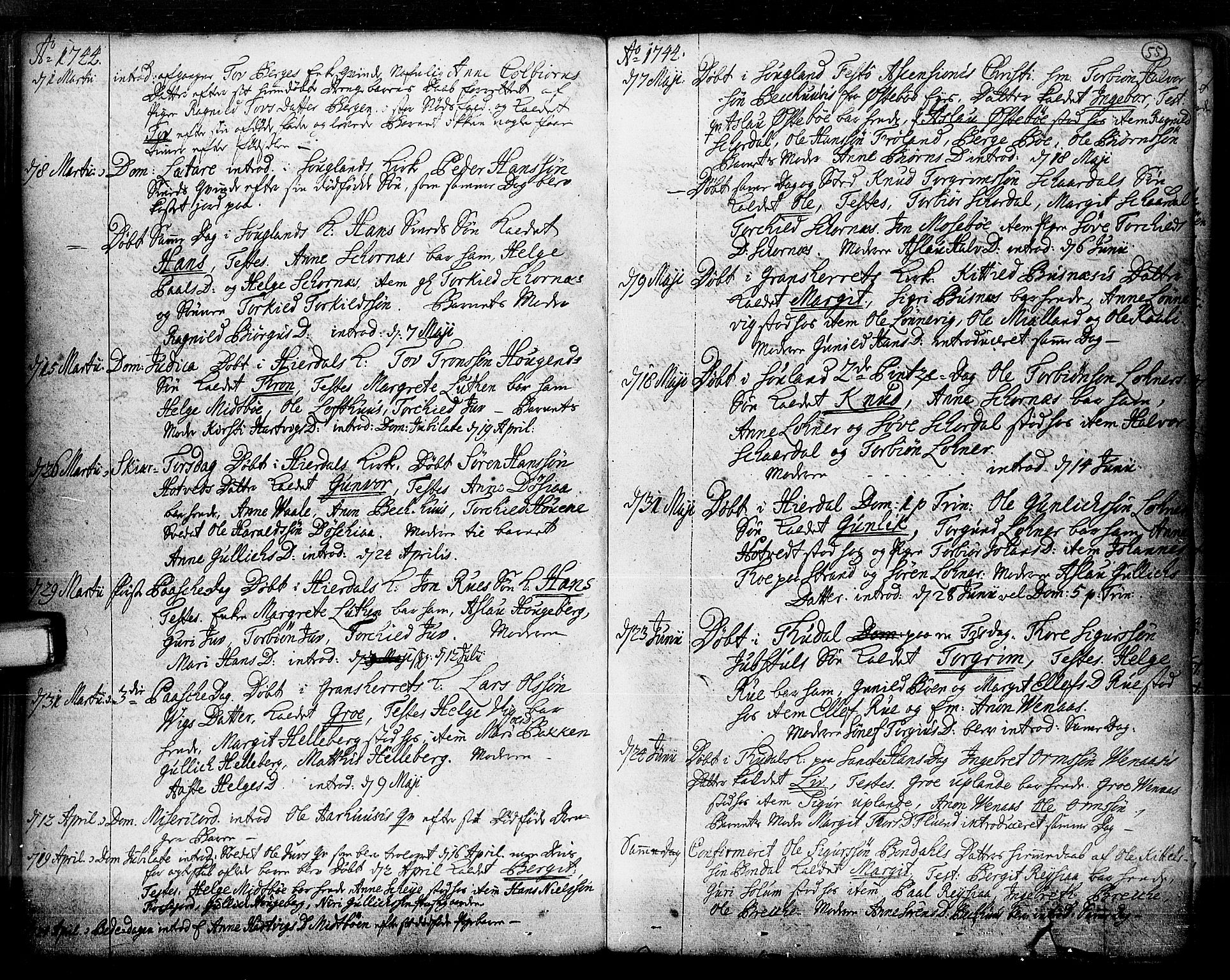Hjartdal kirkebøker, SAKO/A-270/F/Fa/L0003: Parish register (official) no. I 3, 1727-1775, p. 55