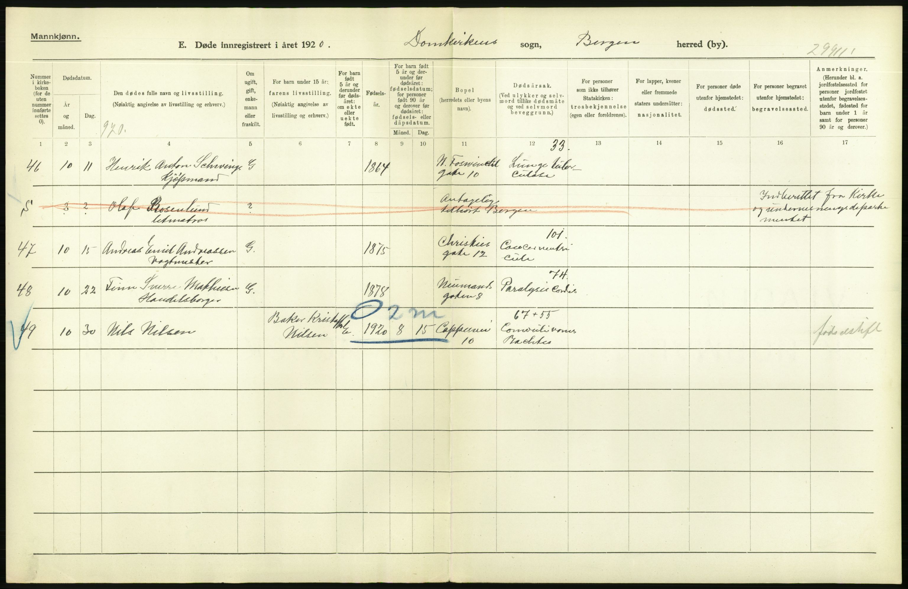 Statistisk sentralbyrå, Sosiodemografiske emner, Befolkning, AV/RA-S-2228/D/Df/Dfb/Dfbj/L0042: Bergen: Gifte, døde, dødfødte., 1920, p. 646