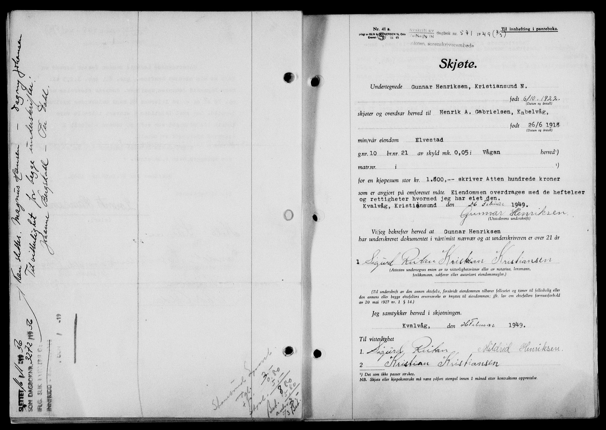 Lofoten sorenskriveri, SAT/A-0017/1/2/2C/L0020a: Mortgage book no. 20a, 1948-1949, Diary no: : 571/1949