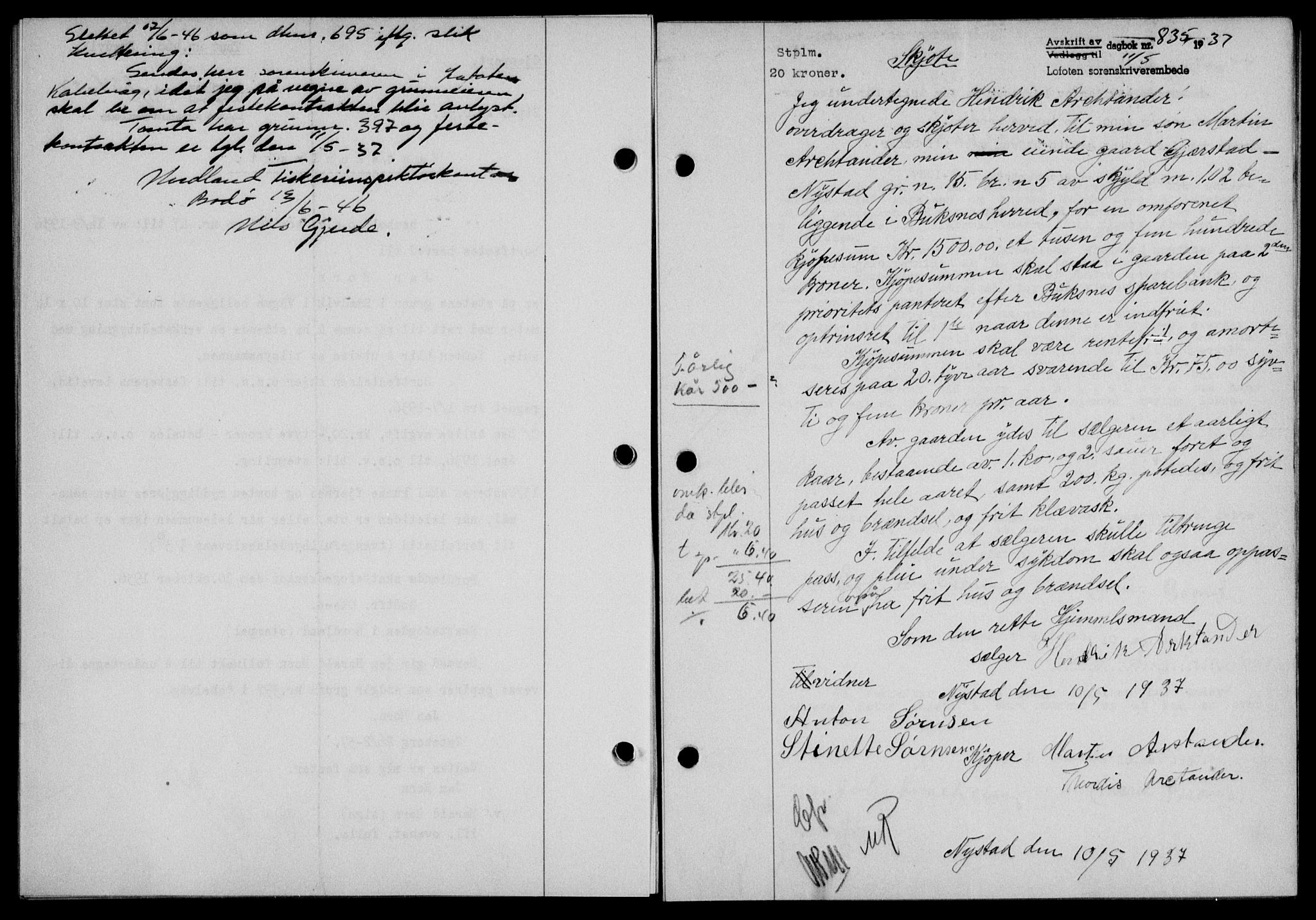 Lofoten sorenskriveri, SAT/A-0017/1/2/2C/L0002a: Mortgage book no. 2a, 1937-1937, Diary no: : 835/1937
