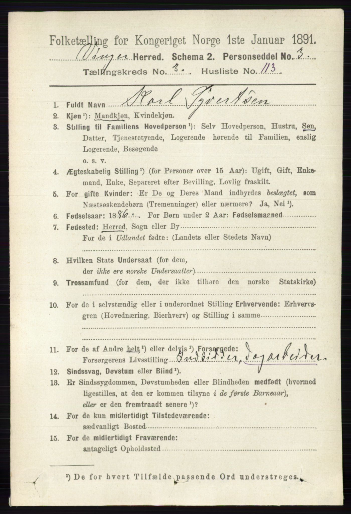 RA, 1891 census for 0421 Vinger, 1891, p. 1579