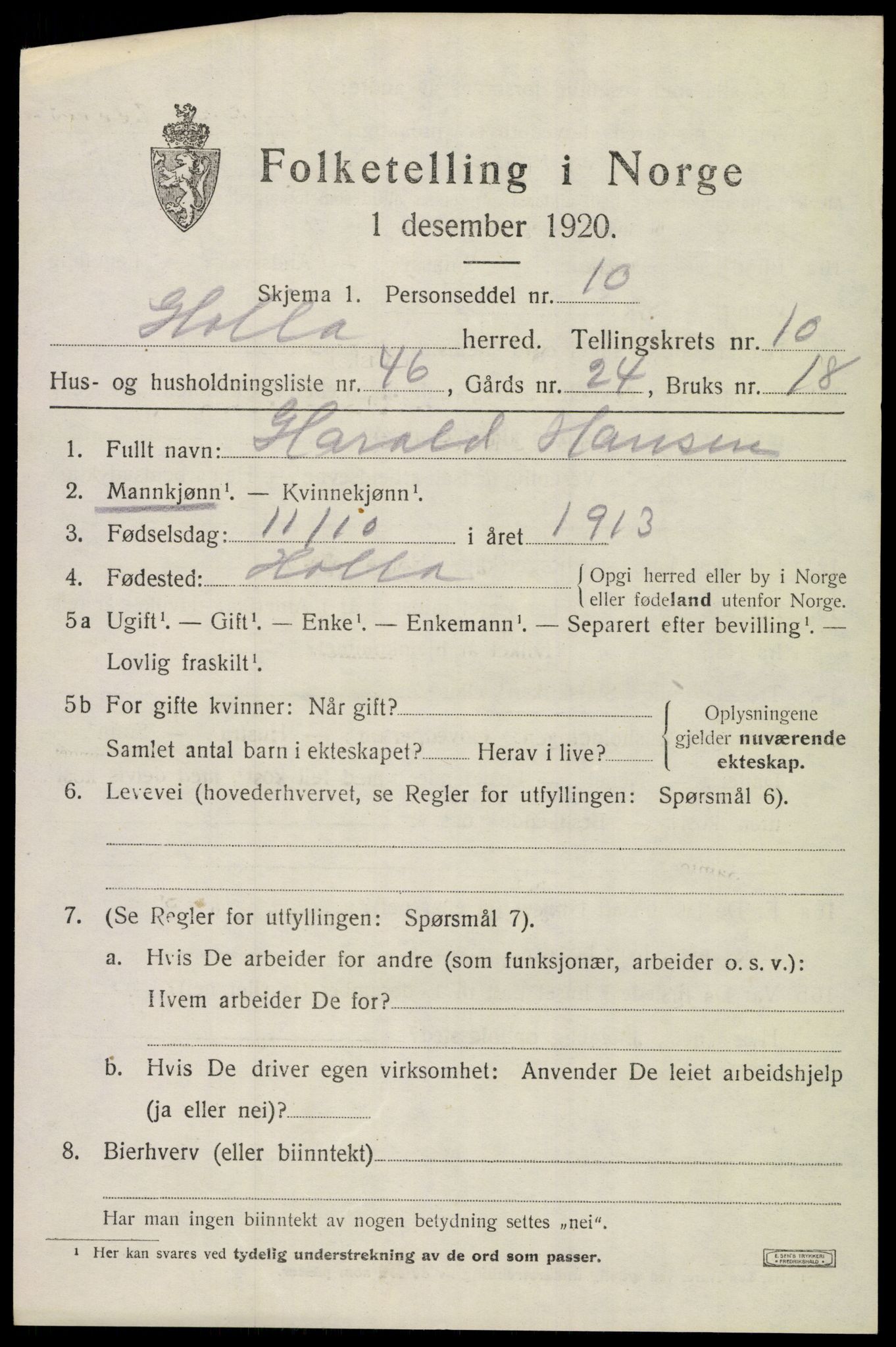 SAKO, 1920 census for Holla, 1920, p. 6593