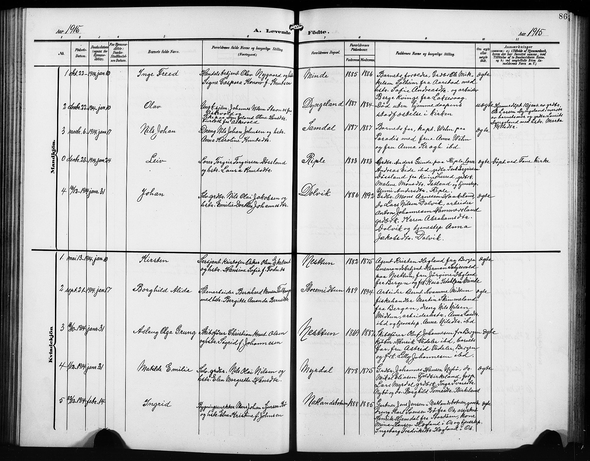 Birkeland Sokneprestembete, SAB/A-74601/H/Hab: Parish register (copy) no. A 6, 1906-1915, p. 86