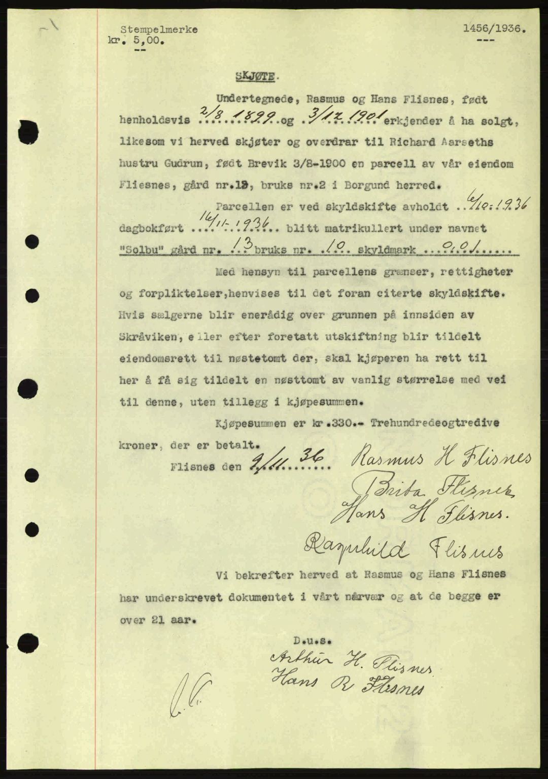 Nordre Sunnmøre sorenskriveri, AV/SAT-A-0006/1/2/2C/2Ca: Mortgage book no. A2, 1936-1937, Diary no: : 1456/1936