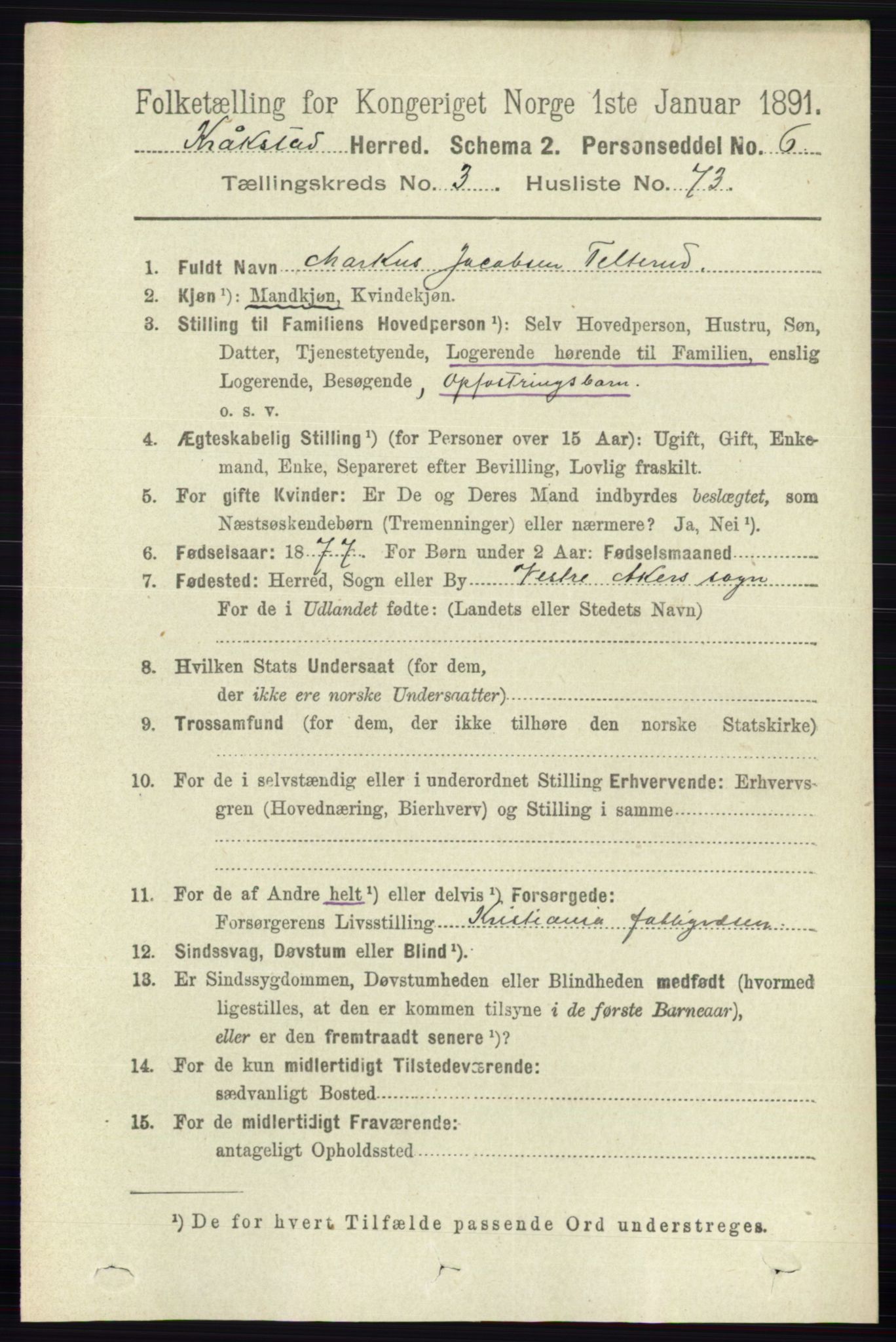 RA, 1891 census for 0212 Kråkstad, 1891, p. 1613