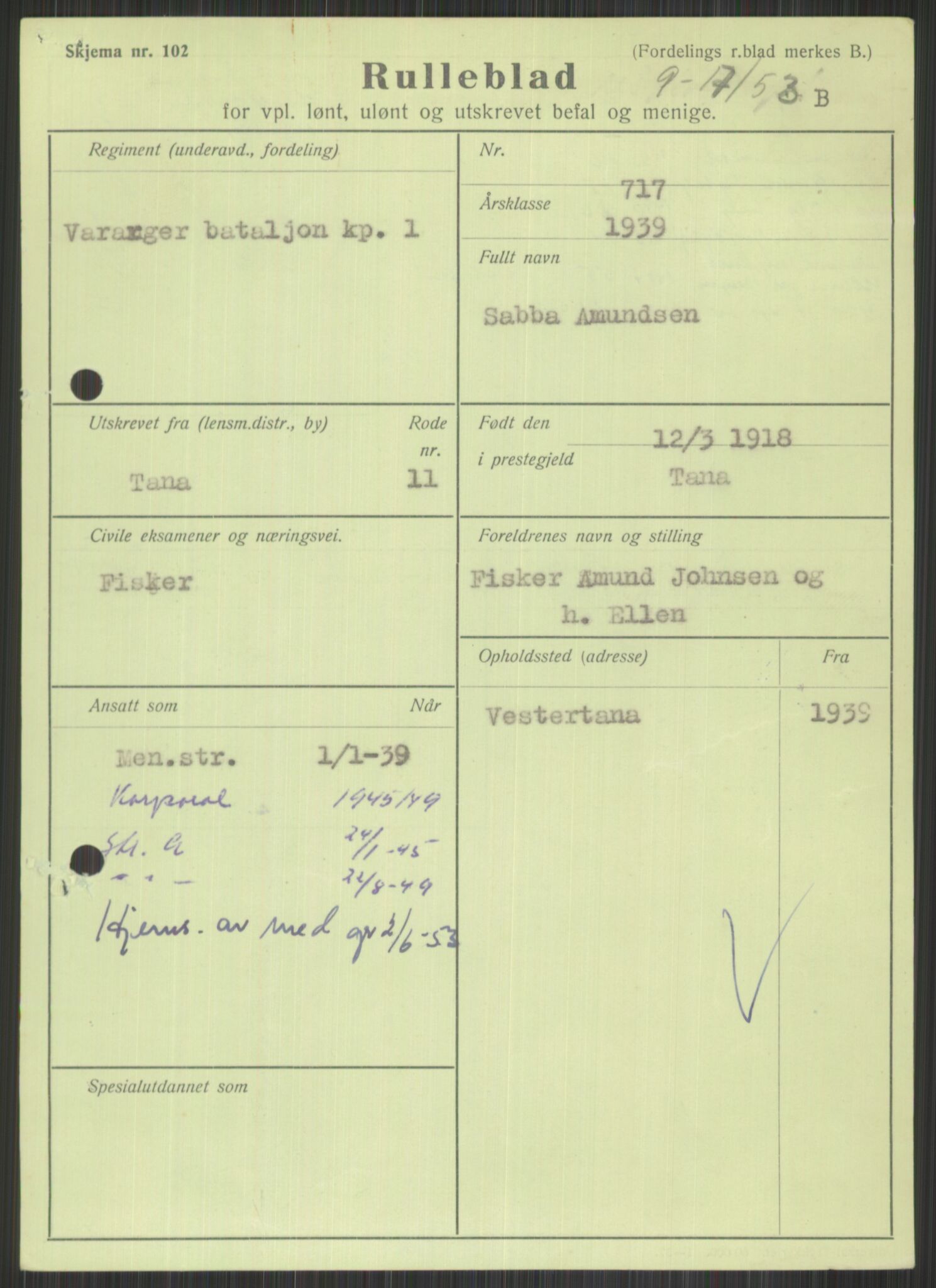 Forsvaret, Varanger bataljon, AV/RA-RAFA-2258/1/D/L0442: Rulleblad for fødte 1918-1919, 1918-1919, p. 5