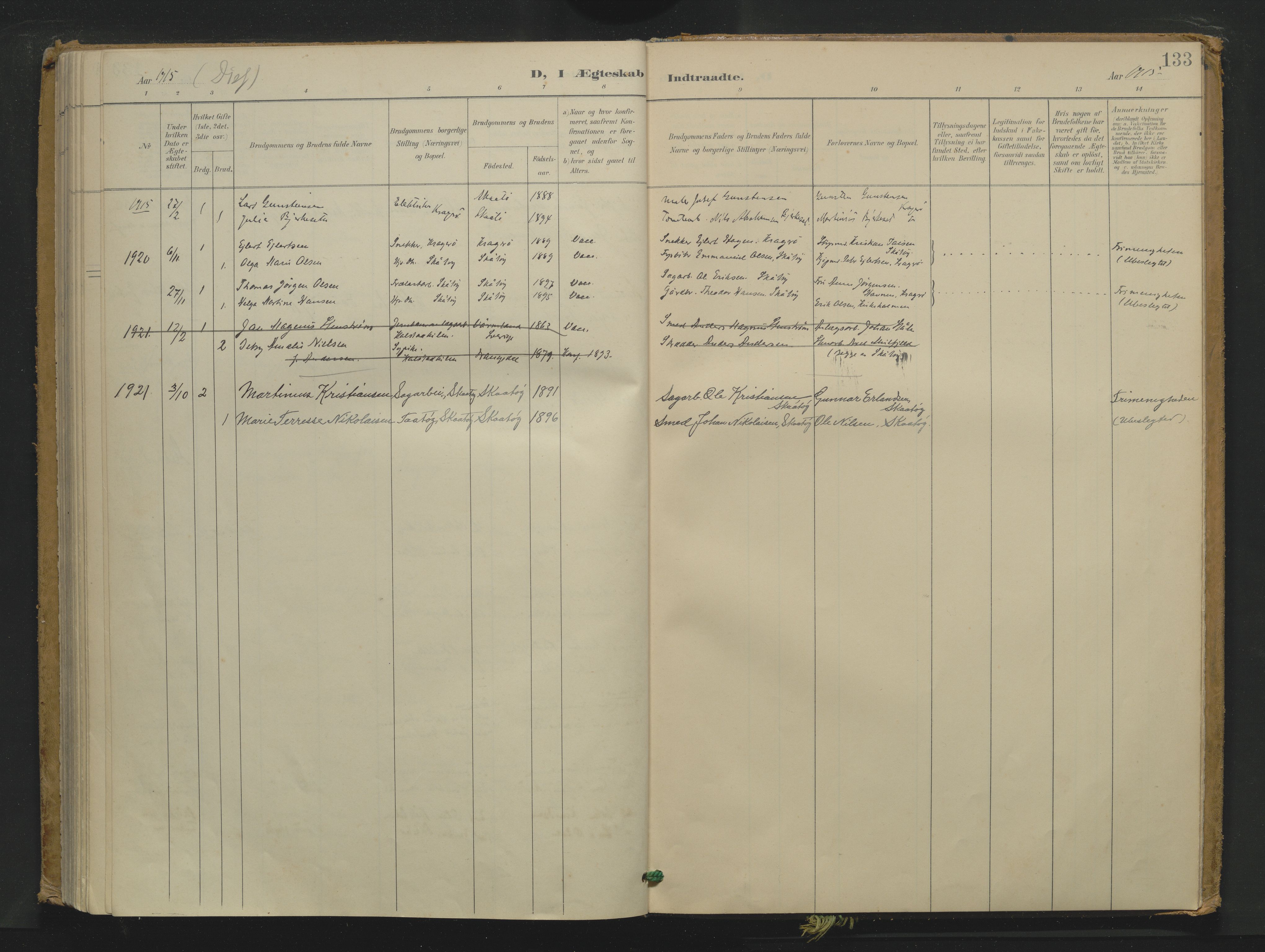 Skåtøy kirkebøker, AV/SAKO-A-304/F/Fa/L0007: Parish register (official) no. I 7, 1898-1923, p. 133