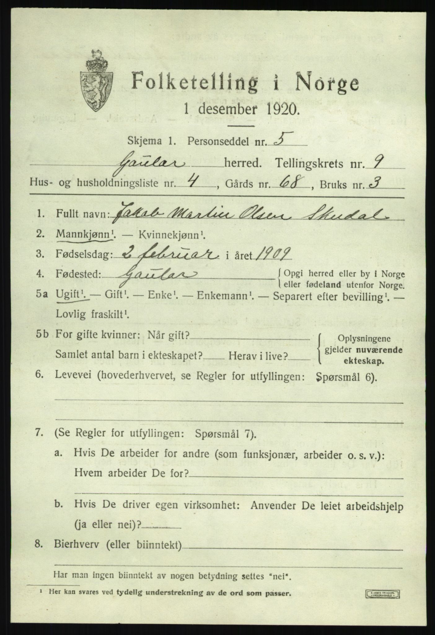 SAB, 1920 census for Gaular, 1920, p. 4180