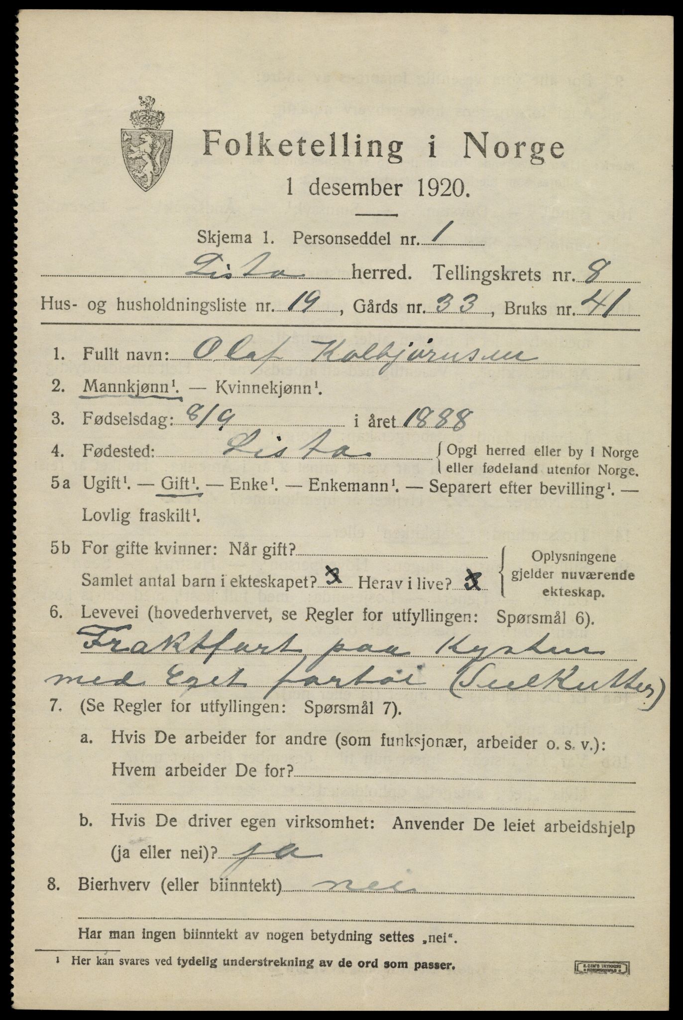 SAK, 1920 census for Lista, 1920, p. 8001