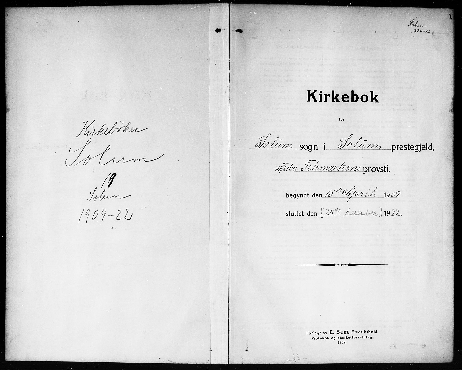 Solum kirkebøker, AV/SAKO-A-306/G/Ga/L0009: Parish register (copy) no. I 9, 1909-1922, p. 1