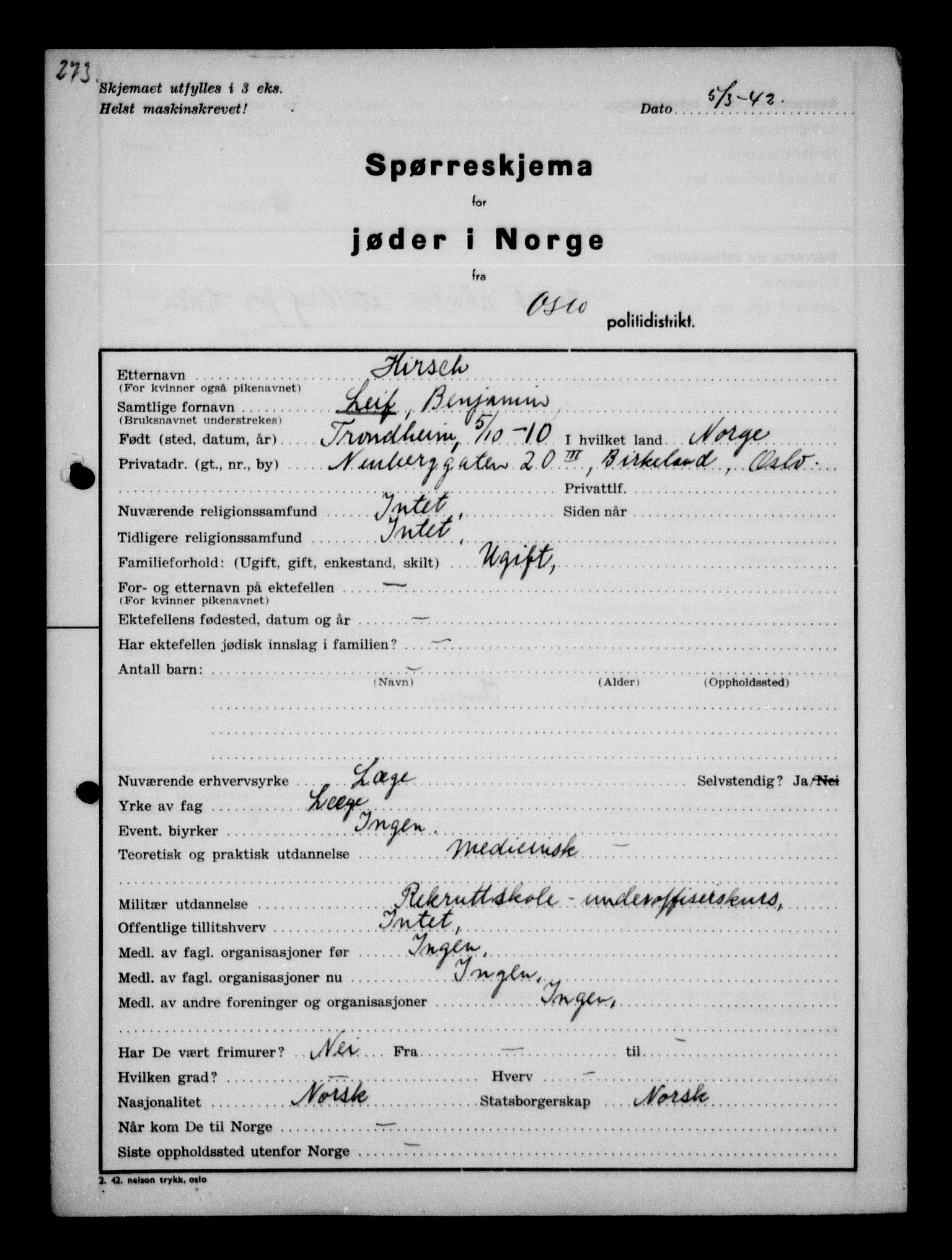 Statspolitiet - Hovedkontoret / Osloavdelingen, AV/RA-S-1329/G/Ga/L0010: Spørreskjema for jøder i Norge: Jøder bosatt i Oslo, Hansen - Pintzow, 1942, p. 33