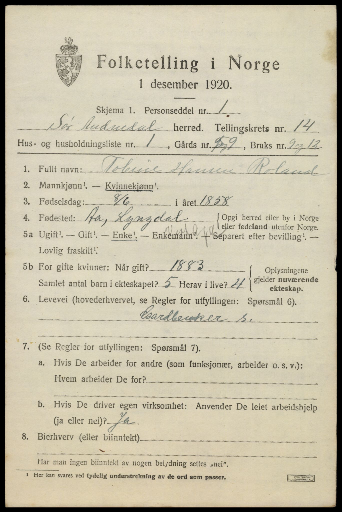 SAK, 1920 census for Sør-Audnedal, 1920, p. 5153