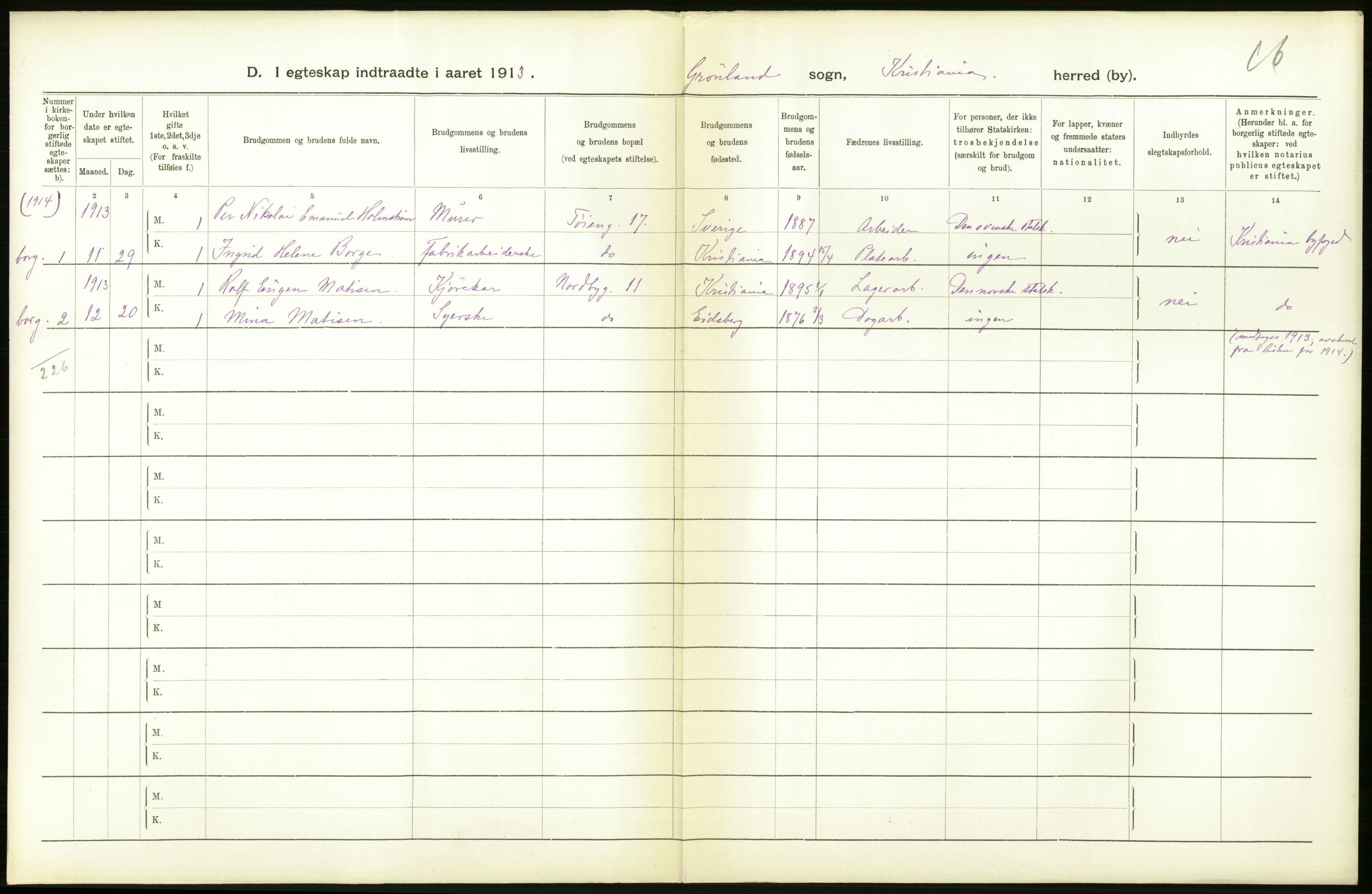 Statistisk sentralbyrå, Sosiodemografiske emner, Befolkning, AV/RA-S-2228/D/Df/Dfb/Dfbc/L0008: Kristiania: Gifte., 1913, p. 194