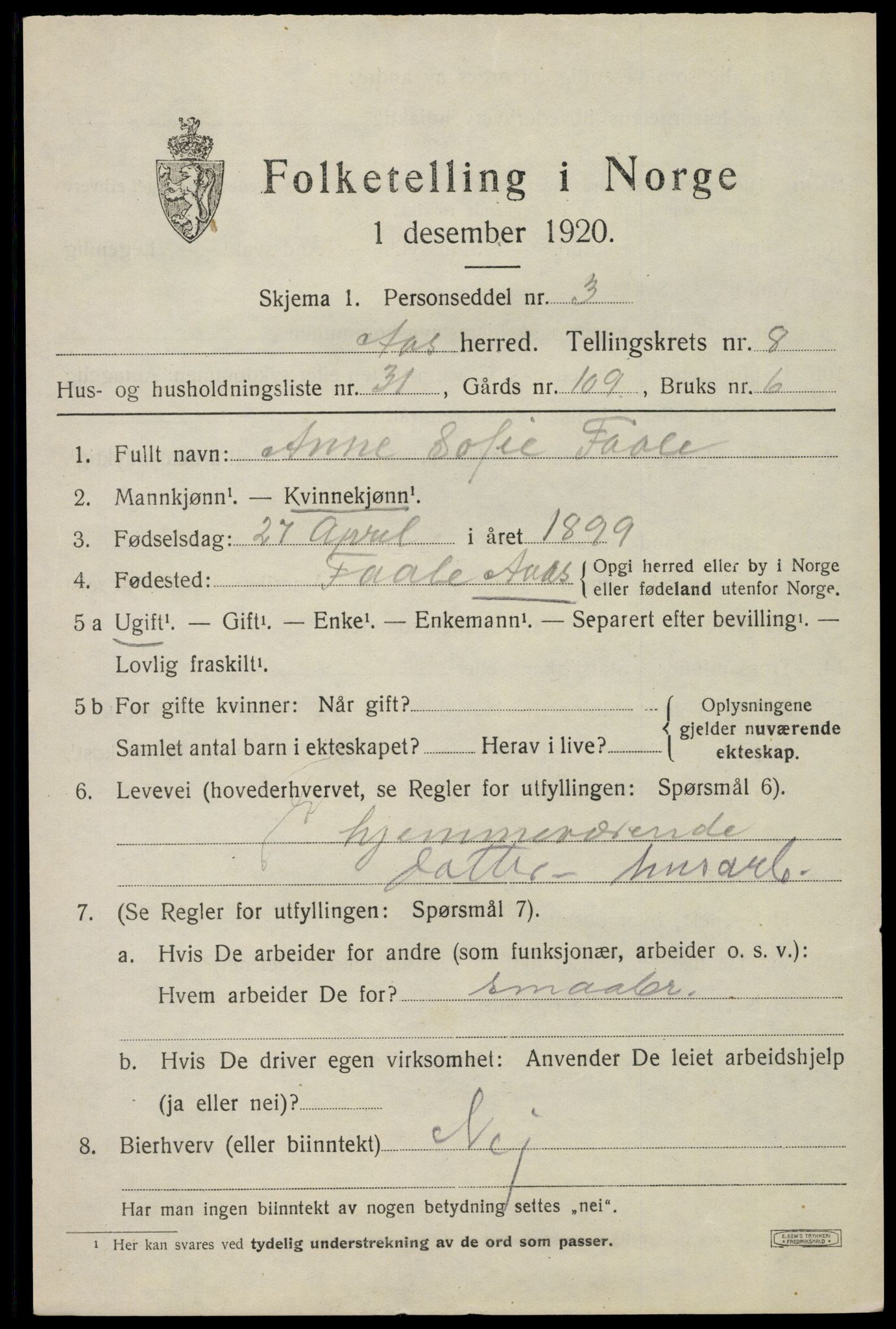 SAO, 1920 census for Ås, 1920, p. 8332