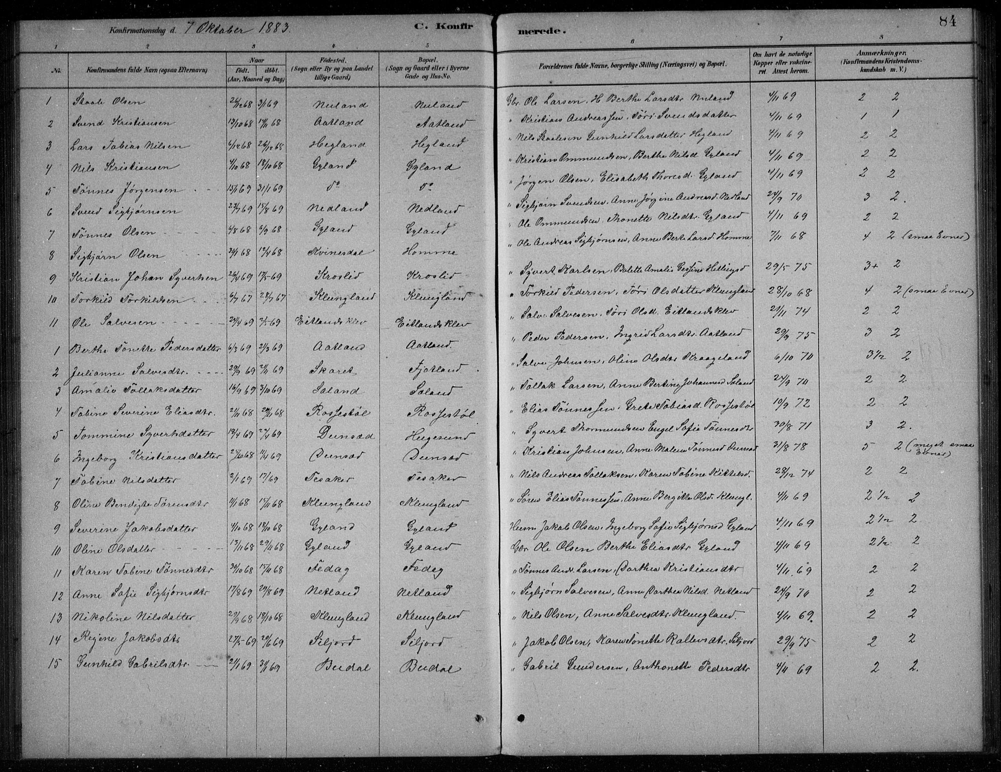 Bakke sokneprestkontor, SAK/1111-0002/F/Fb/Fbb/L0003: Parish register (copy) no. B 3, 1878-1896, p. 84