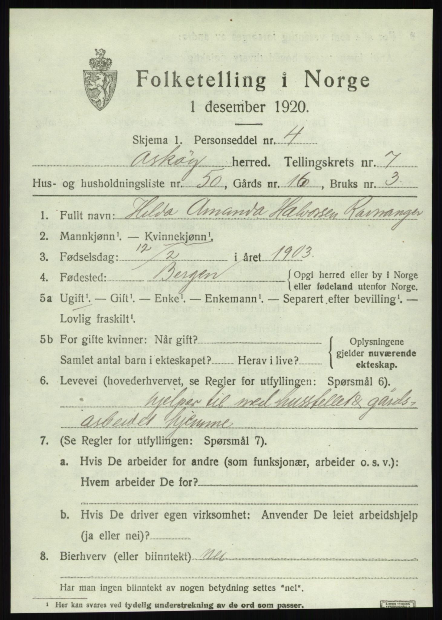 SAB, 1920 census for Askøy, 1920, p. 11450