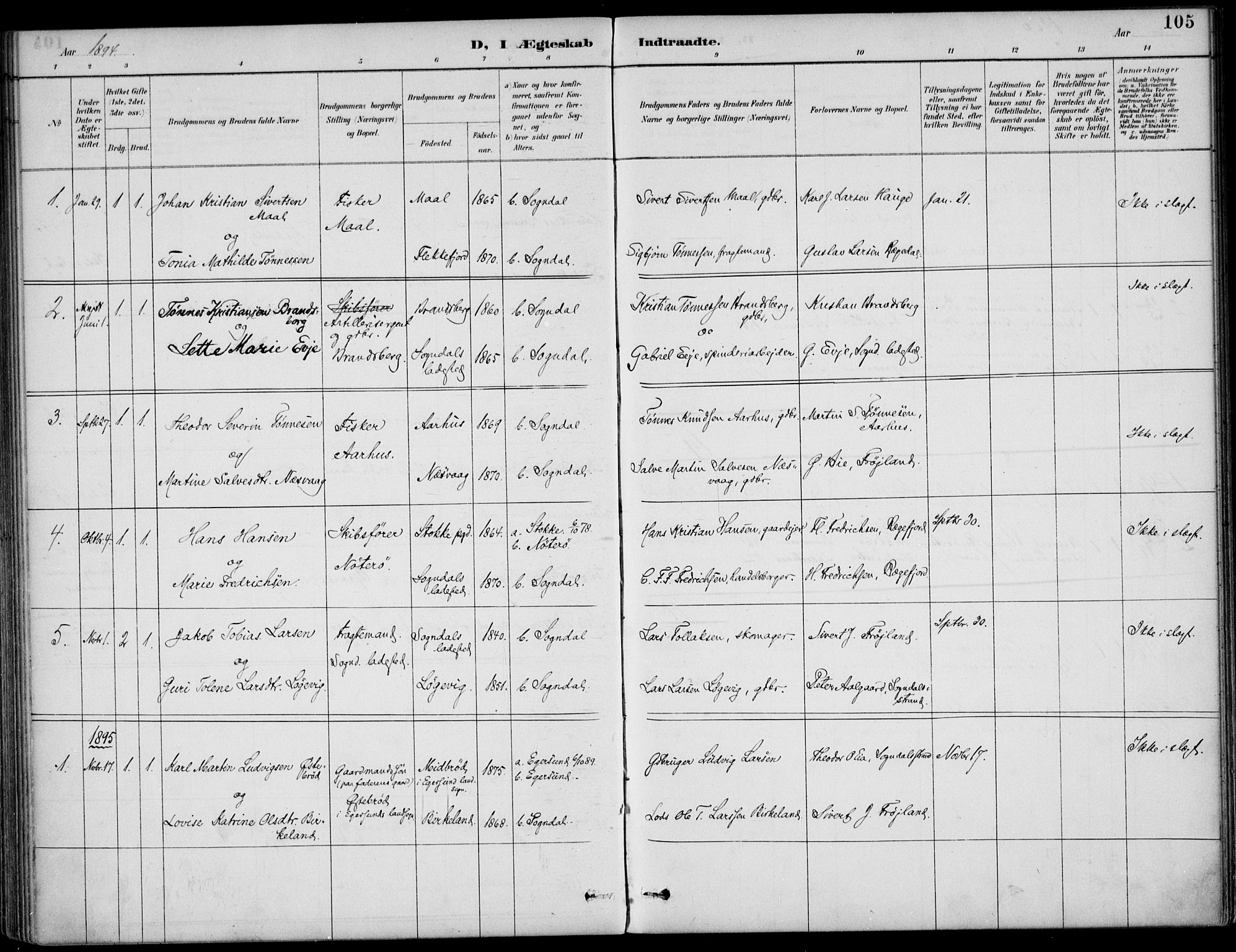 Sokndal sokneprestkontor, AV/SAST-A-101808: Parish register (official) no. A 12, 1887-1927, p. 105