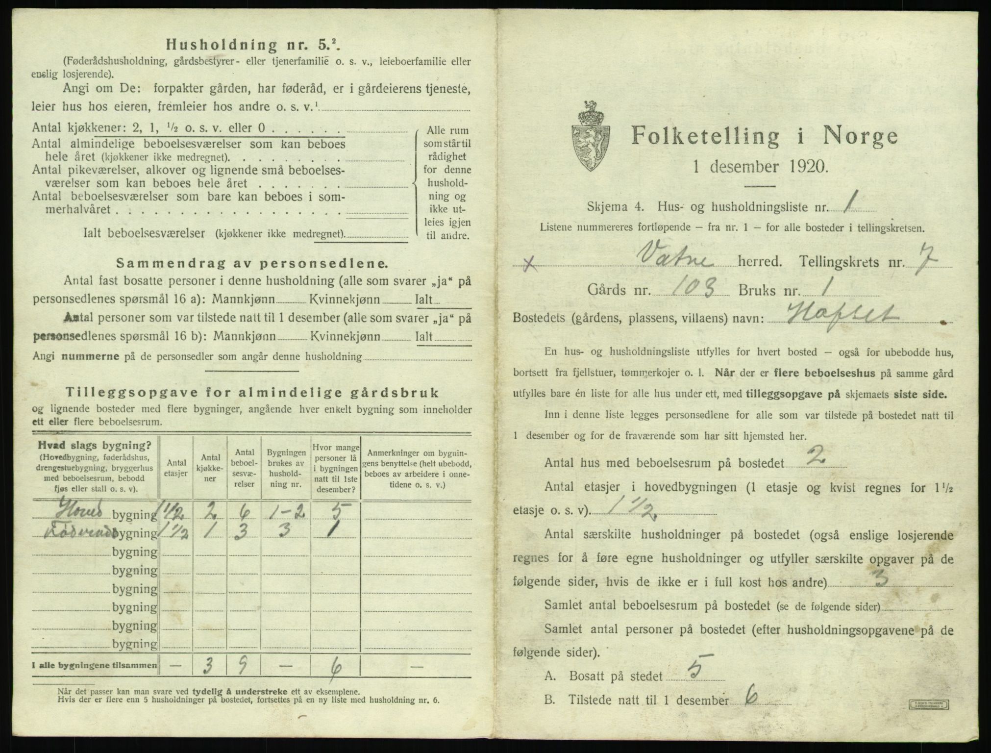 SAT, 1920 census for Vatne, 1920, p. 424