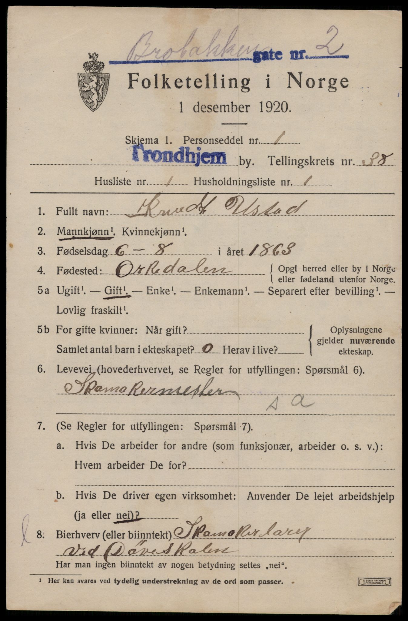 SAT, 1920 census for Trondheim, 1920, p. 86258