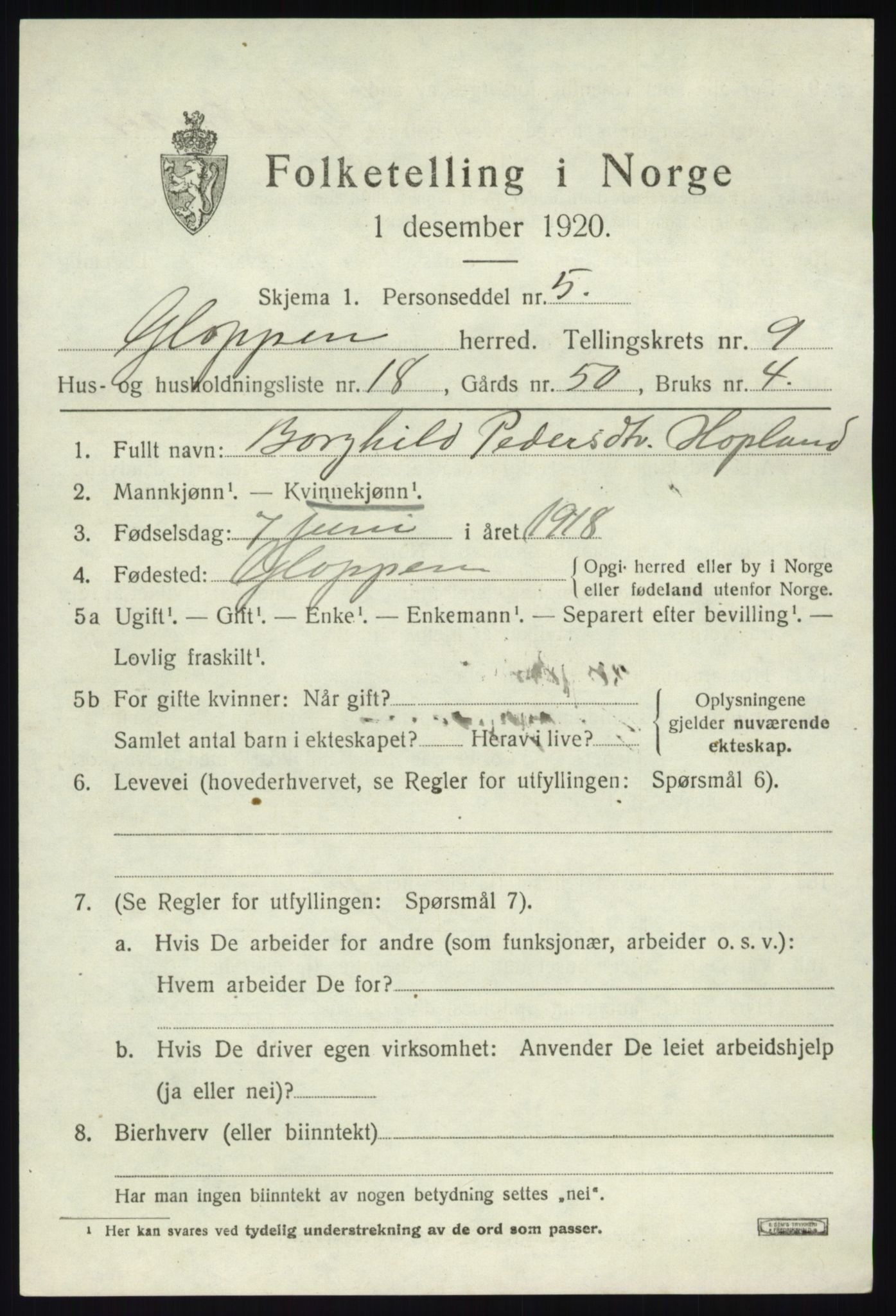 SAB, 1920 census for Gloppen, 1920, p. 5150