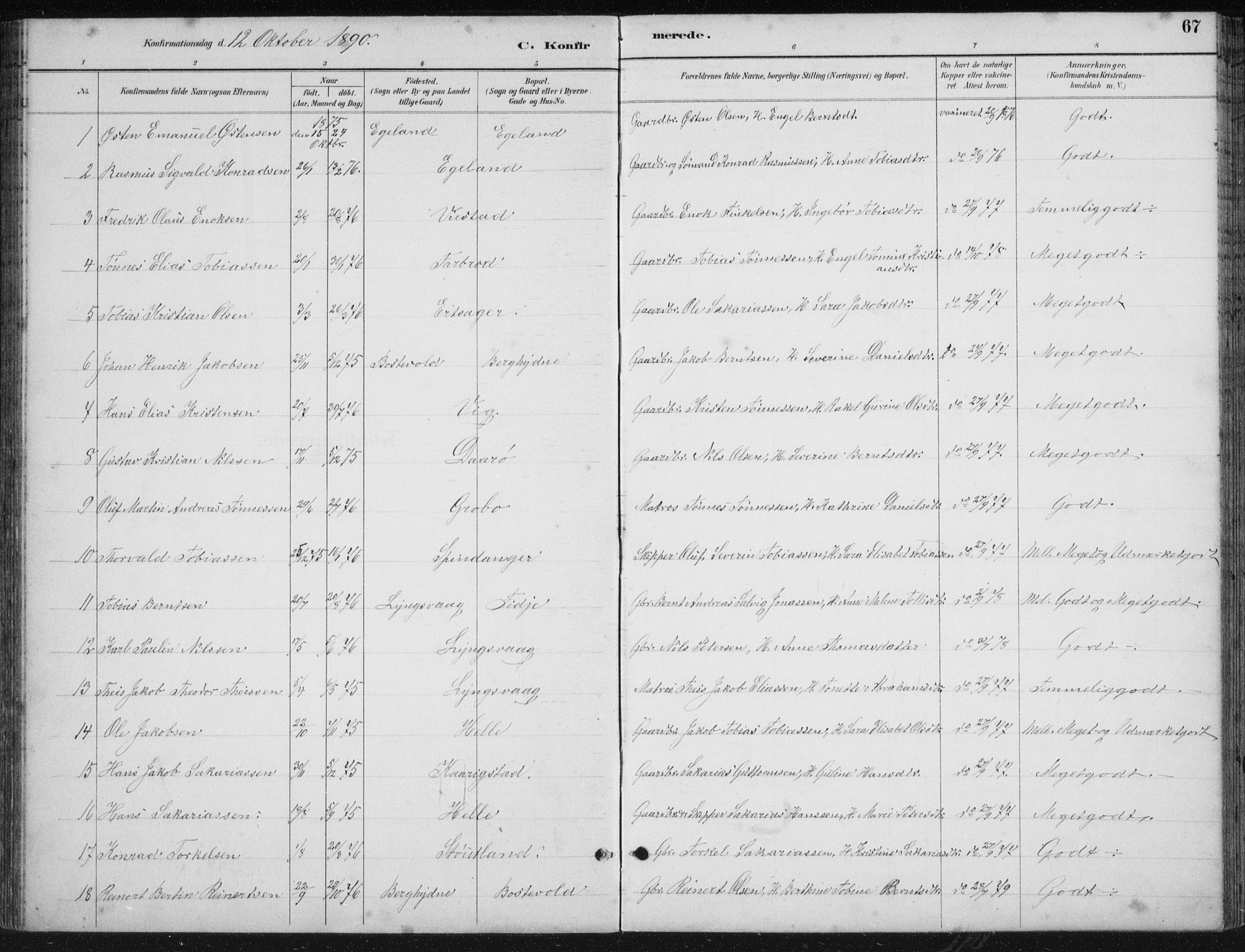 Herad sokneprestkontor, SAK/1111-0018/F/Fb/Fbb/L0004: Parish register (copy) no. B 4, 1890-1935, p. 67